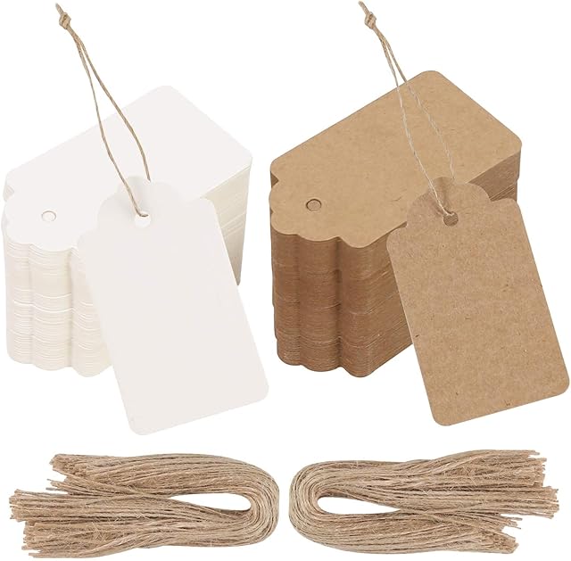 SALLYFASHION Paper Gift Tags, 100 PCS White Gift Tags 100 PCS Brown Gift Tags with String for DIY Arts and Crafts Christmas DIY Kraft Gift Tags