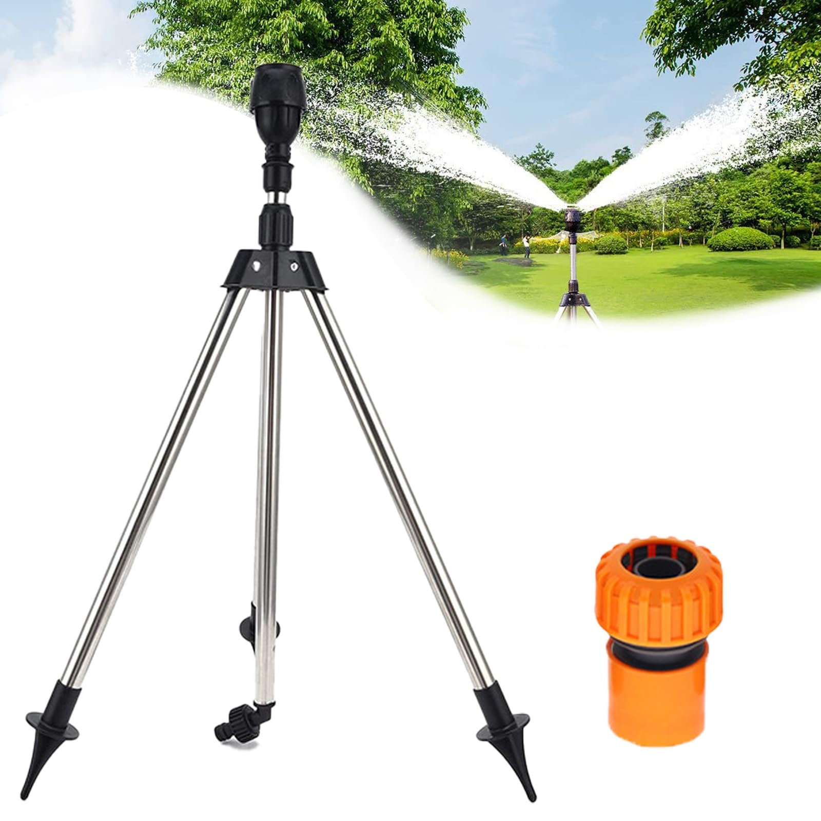 Hydrospin Sprinkler, Rotating Tripod Outdoor Water Sprinkler, Adjustable Garden Telescoping Water Sprinkler with Metal Tripod Base, 360-Degree Watering Nozzle for Garden Agricultural Irrigation(1pc)