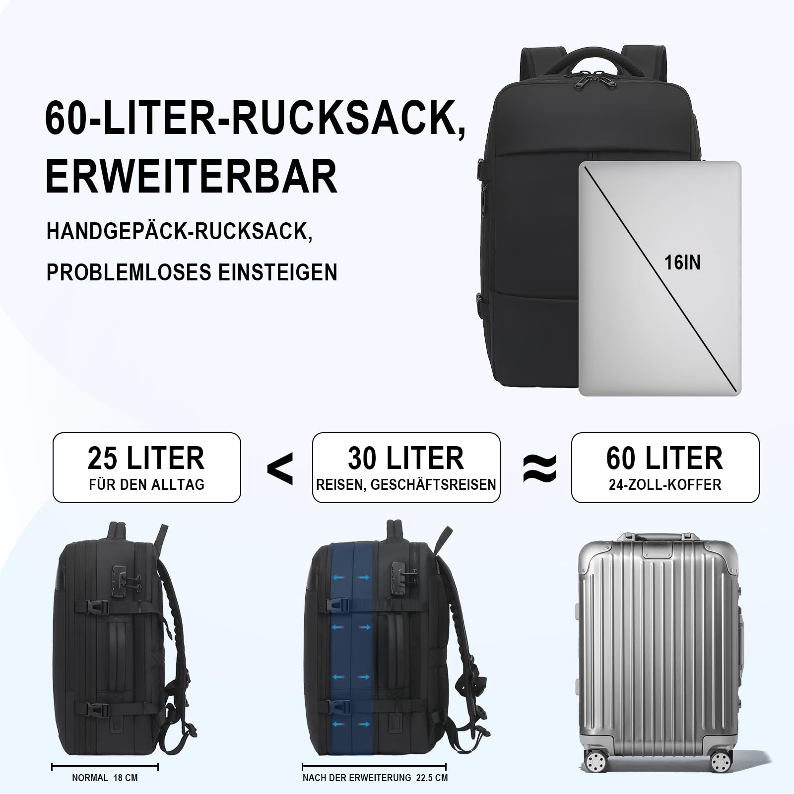 Zaino sottovuoto, bagaglio a mano, espandibile per viaggi, con porta di ricarica USB | Zaino per bagaglio a mano, sottovuoto, per laptop, pompa integrata, viaggi d'affari e campeggio