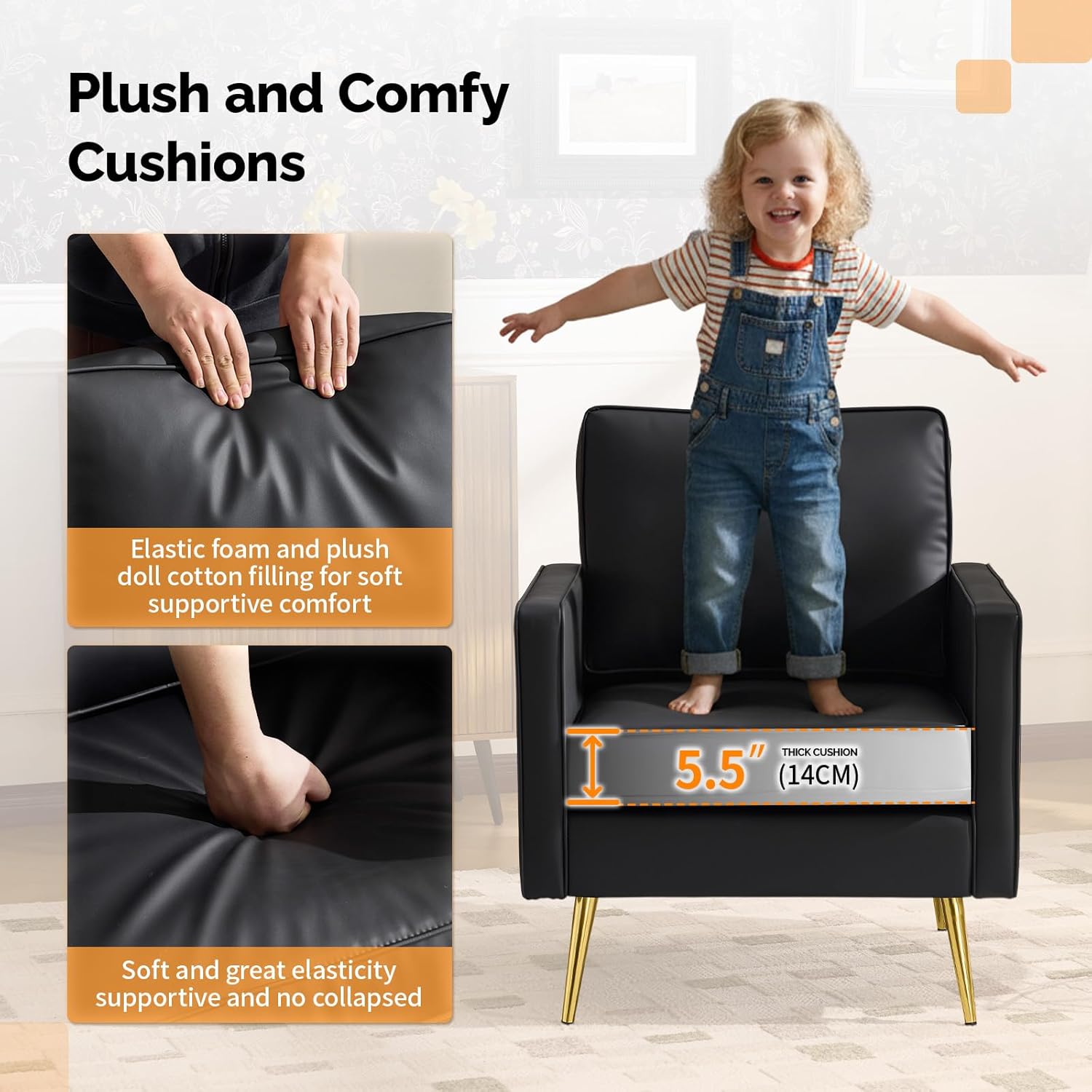 VINGLI Modern PU Leather Accent Chair, Single Sofa Chair with Pocket Coil Seat, Metal Backrest & Solid Wood Frame, Upholstered Armchair for Living Room, Bedroom or Office