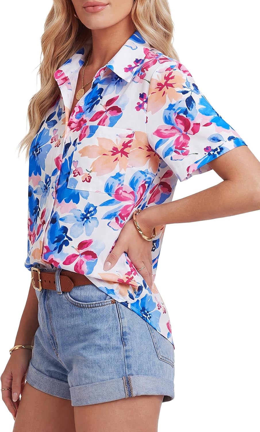 KIFOVEN Women's Button Down Shirt V Neck Short Sleeve Blouse Business Casual Collared Summer Tops with Pocket