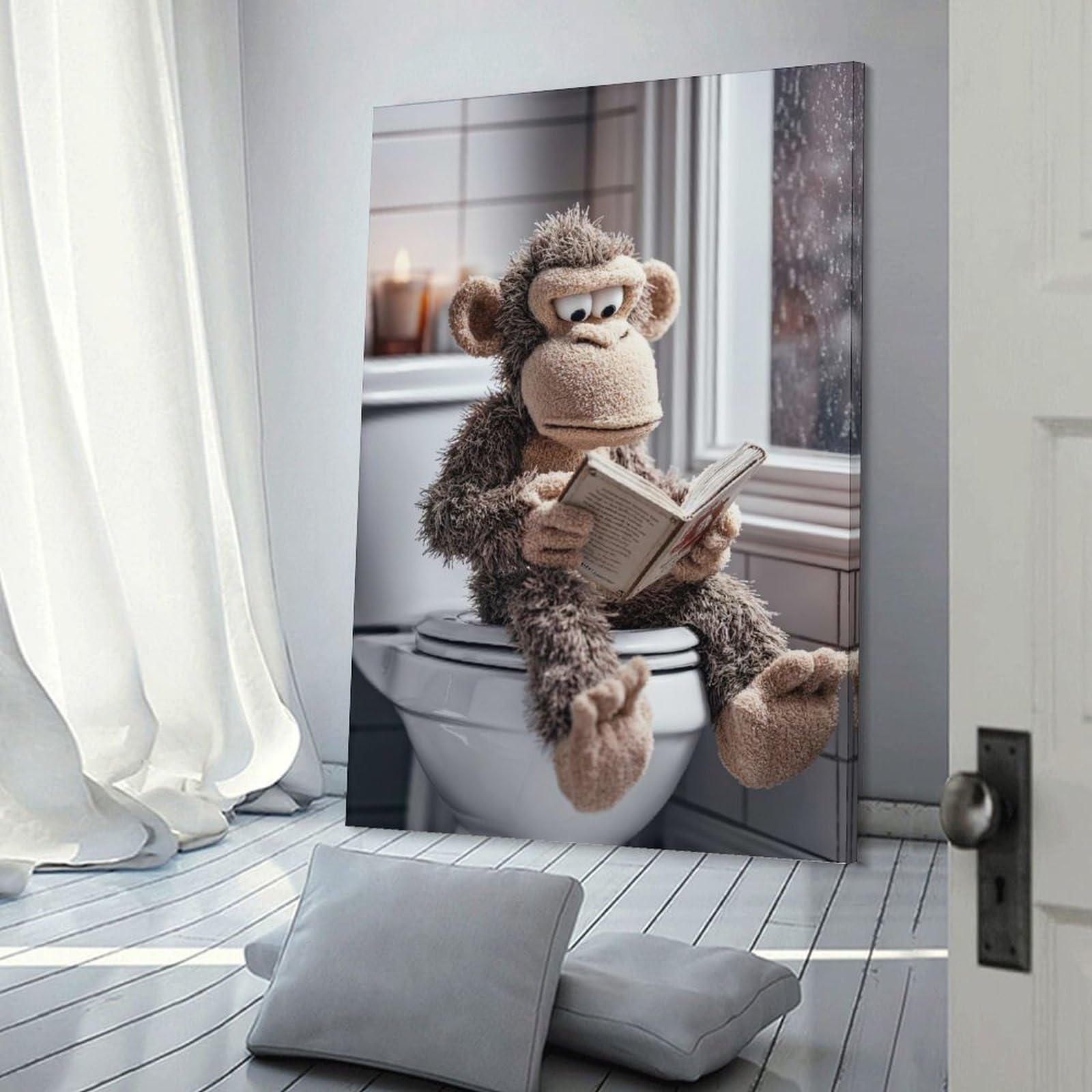 Junmoney Frame-Style-14 Decorative Wall Artwork Plush Monkey Reading On Toilet, 24X36inch(60X90cm), For Sofa Walls, Lounge Or Home Corners, Modern Wall Decor For Cosy Interiors