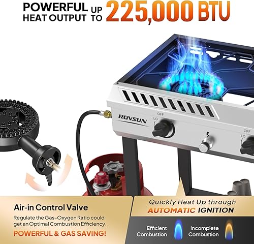 Miniatura 2 de ROVSUN Quemador de propano de 3 quemadores para exteriores con encendido y regulador, 225,000 BTU potente y portátil, estufa de gas para exteriores,