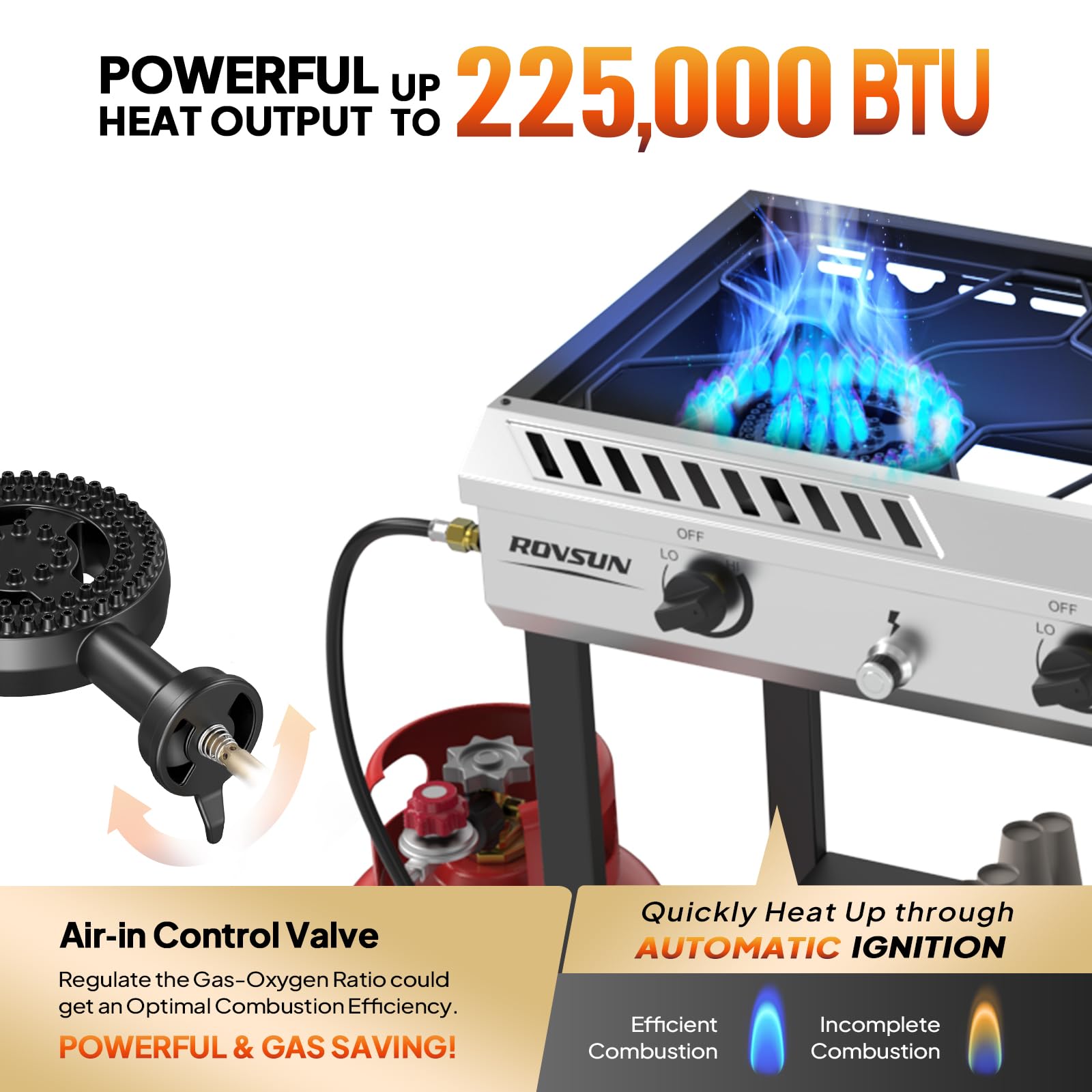 ROVSUN Quemador de propano de 3 quemadores para exteriores con encendido y regulador, 225,000 BTU, potente y portátil, estufa de gas para exteriores, para patio, cocina, hogar, camping, elaboración de