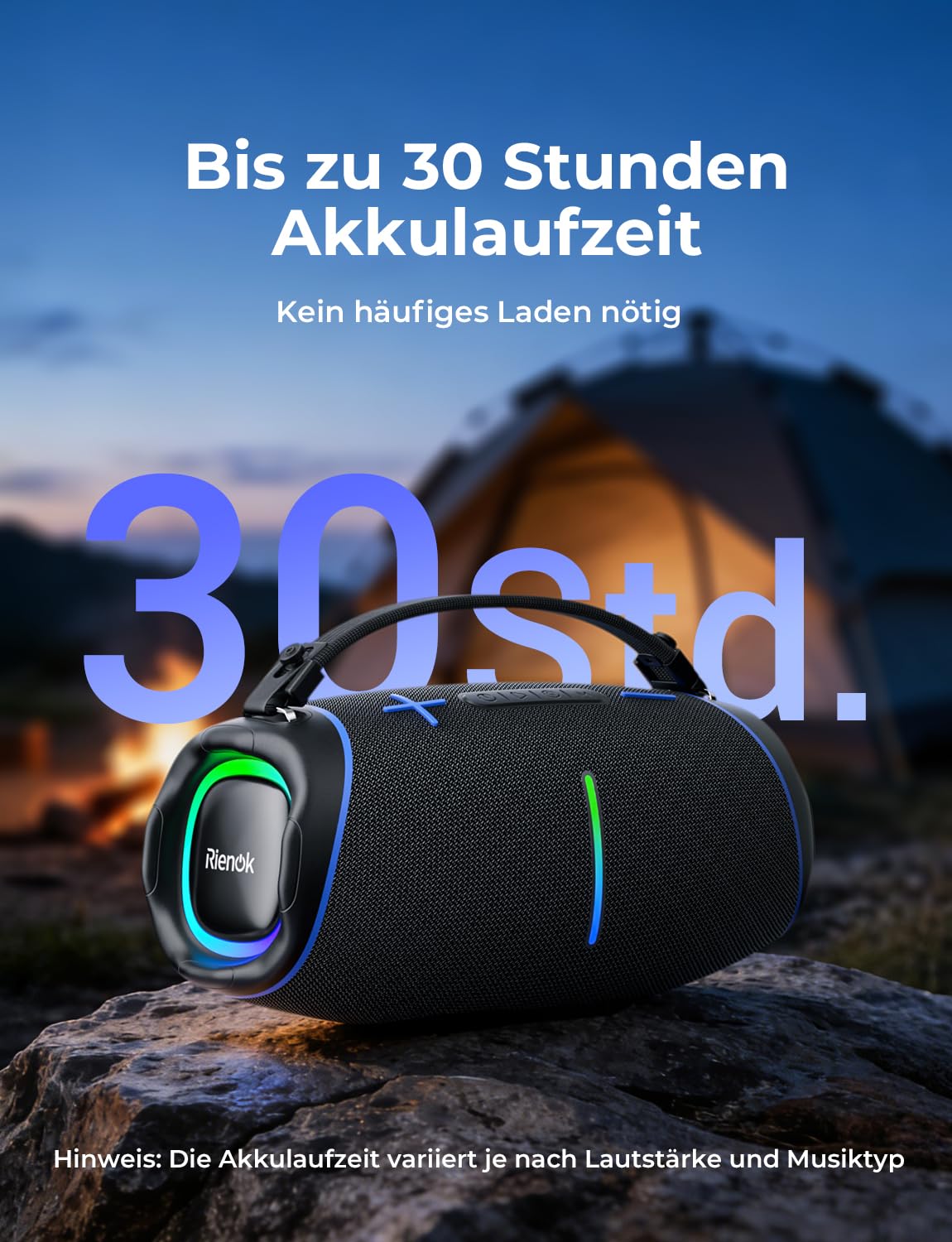 RIENOK 100W Bluetooth Lautsprecher mit 2+2 Channel, 30 Std. Laufzeit Musikbox Support USB TF und AUX mit RGB Licht, IPX6 für Outdoor Sound Party Werkstatt Baustelle Marktstand