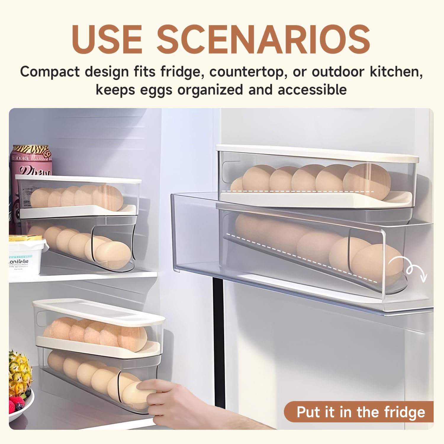 Soporte rodante para huevos para refrigerador, dispensador de huevos para refrigerador, contenedor de almacenamiento automático para encimera, cocina y uso al aire libre (3.35 x 3.74 x 11.02 2
