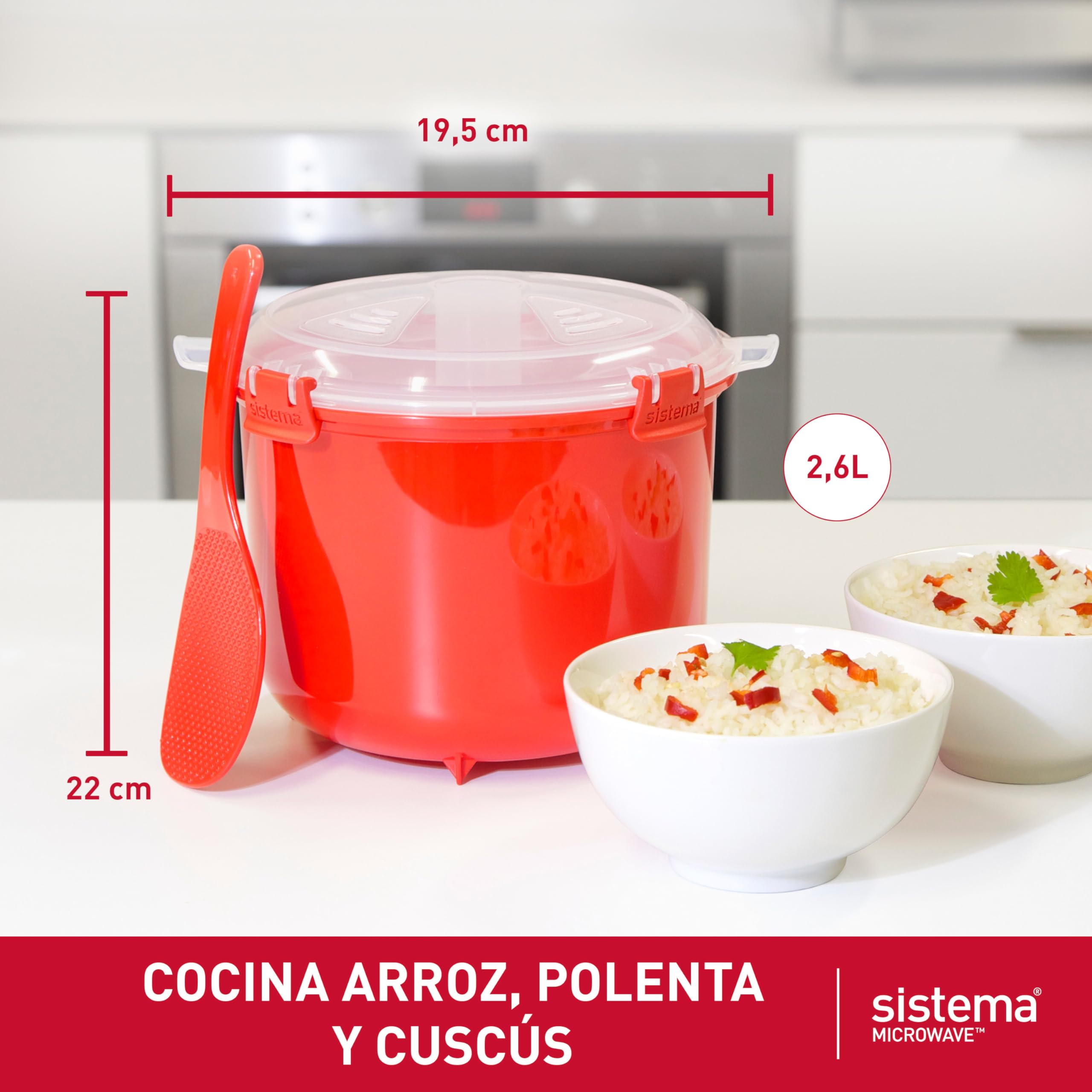Sistema arrocera para microondas | 2,6 l | Arrocera pequeña apta para lavavajillas | Sin BPA | Rojo