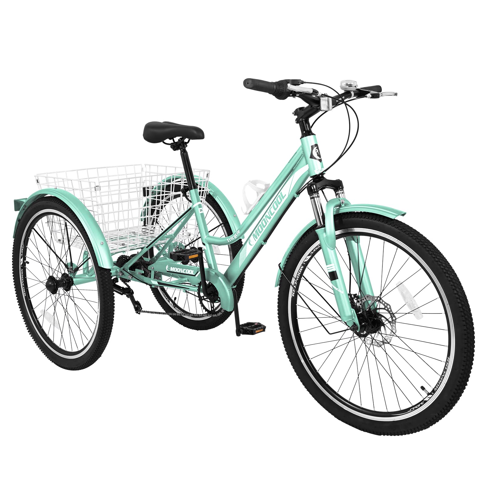 Dreirad Für Erwachsene, 7-Gang-Dreirad-Cruiser-Fahrrad, 24/26/27,5-Zoll-trikes Für Erwachsene Mit Einkaufskorb, Übungsdreiräder Für Herren, Mint 