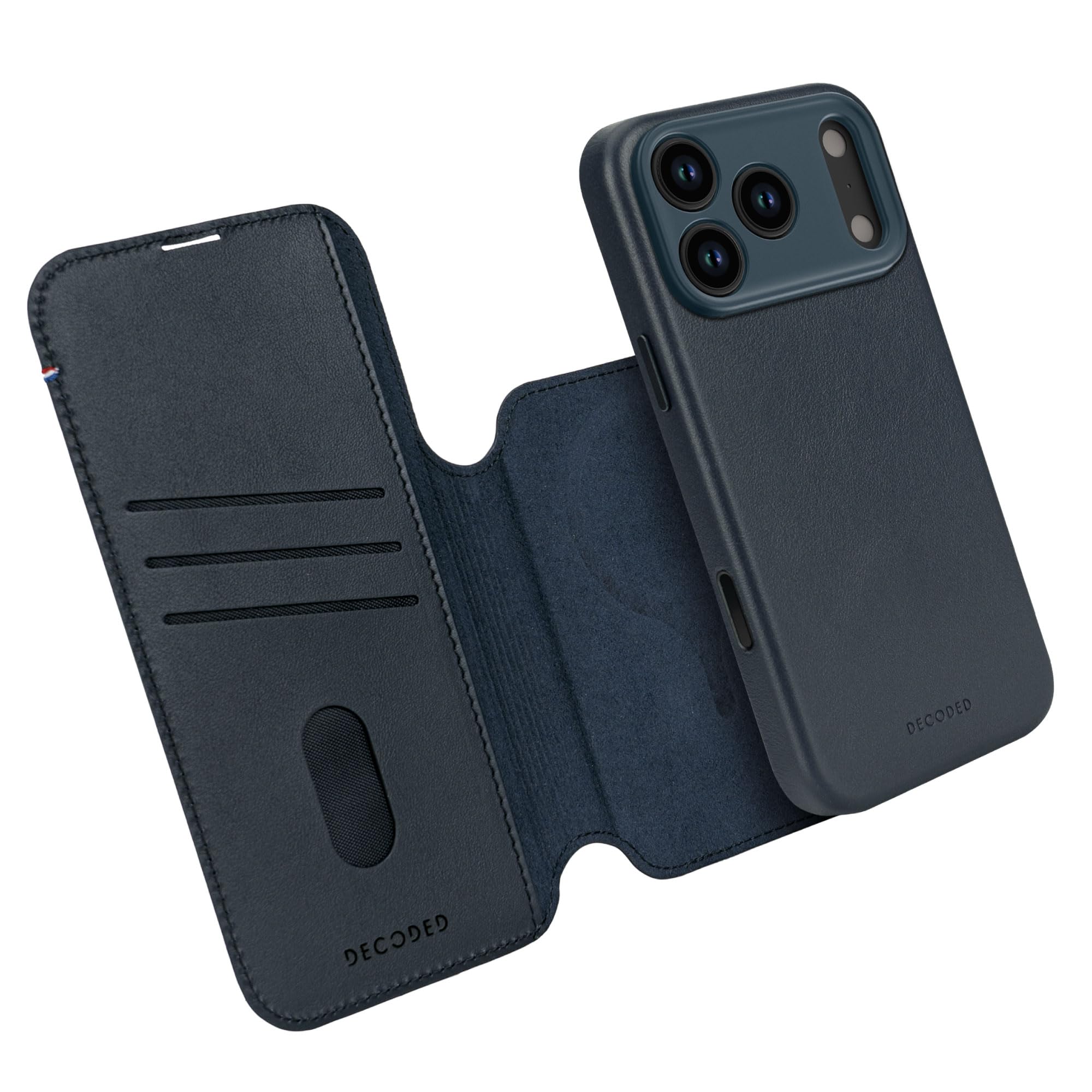 DECODED 2 w 1, skórzane etui do iPhone'a 17 Pro, zdejmowany portfel, wysokiej jakości skóra ECCO, kompatybilne z Magsafe, ochrona przed upadkiem, odporne na zarysowania, metalowe guziki, niebieskie