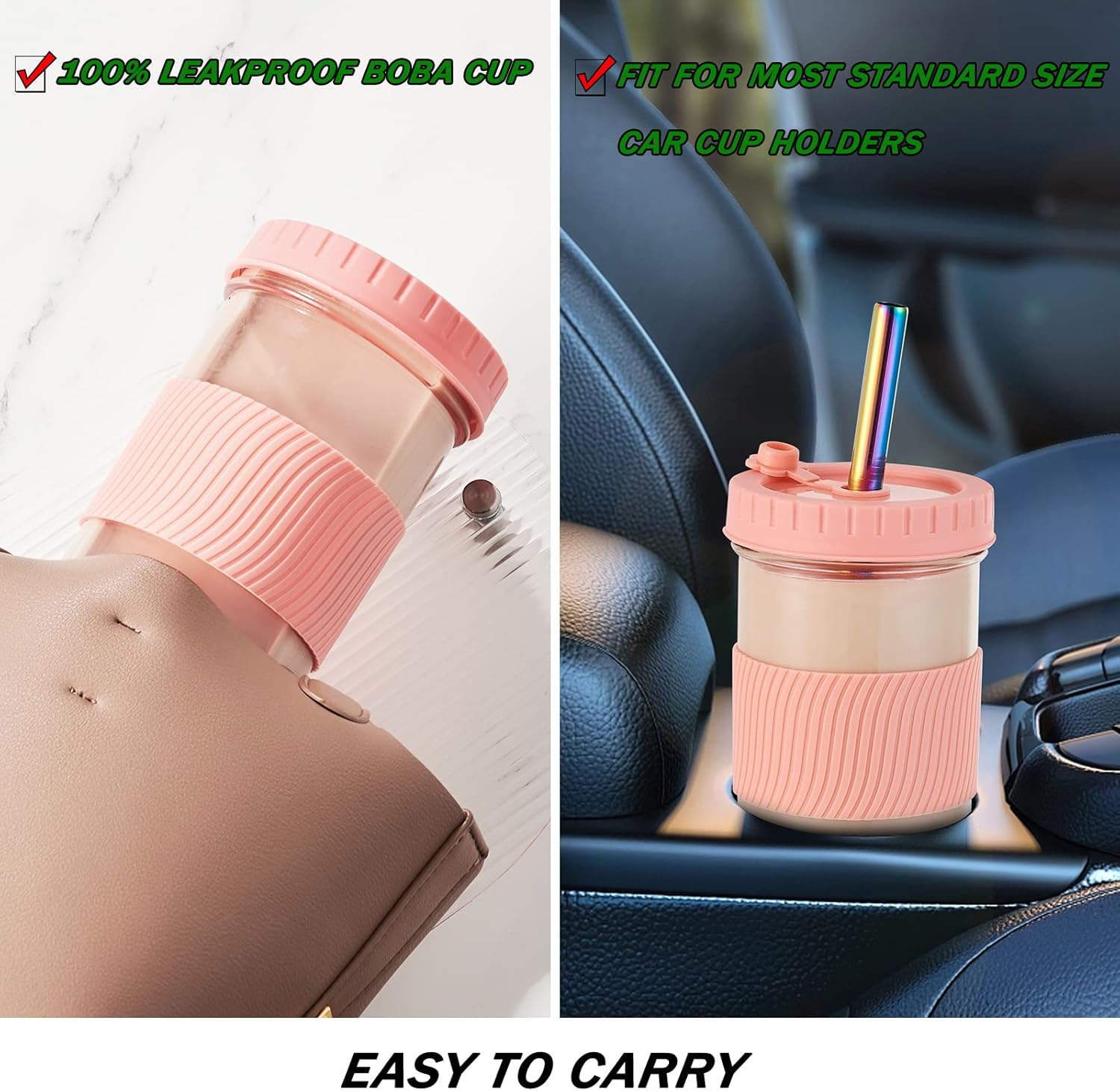 2 Pack Reusable Boba Cup, 24Oz Wide Mouth Smoothie Cup,mason Jar Glass Cups with Lids and Straws,Bubble/Boba Tea Cups,Ice Coffee Tumbler 2 colored straws 1 sponge brush(Pink) - Image 5