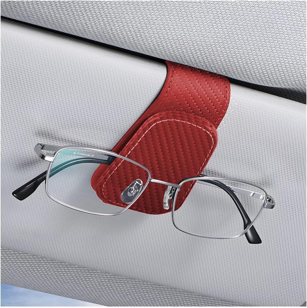 AICEL Sunglasses Holders for Car Sun Visor, Leather Magnetic Clip, Red