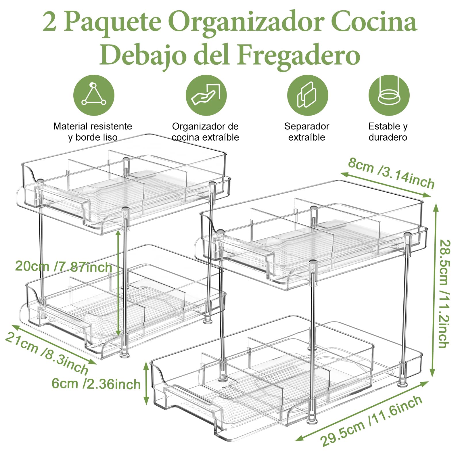 2 Paquete Organizador Cocina Debajo del Fregadero, 2 Niveles Extraíble Estante Almacenamiento, Maquillaje, Baño, Productos de Limpieza, Cajones