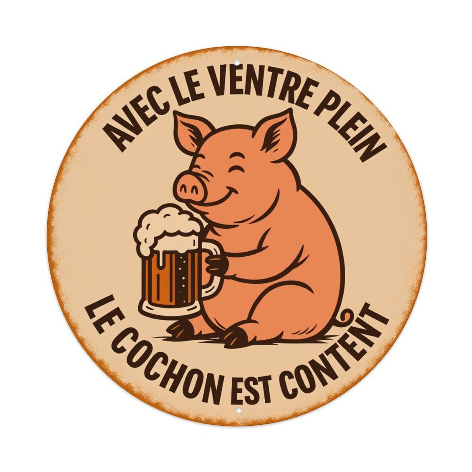 Pig Holding Beer Mug Round Tin Sign Vintage Style Metal Sign Home Bar Garden Wall Plaque Decor Metal Poster 8x8 Inch