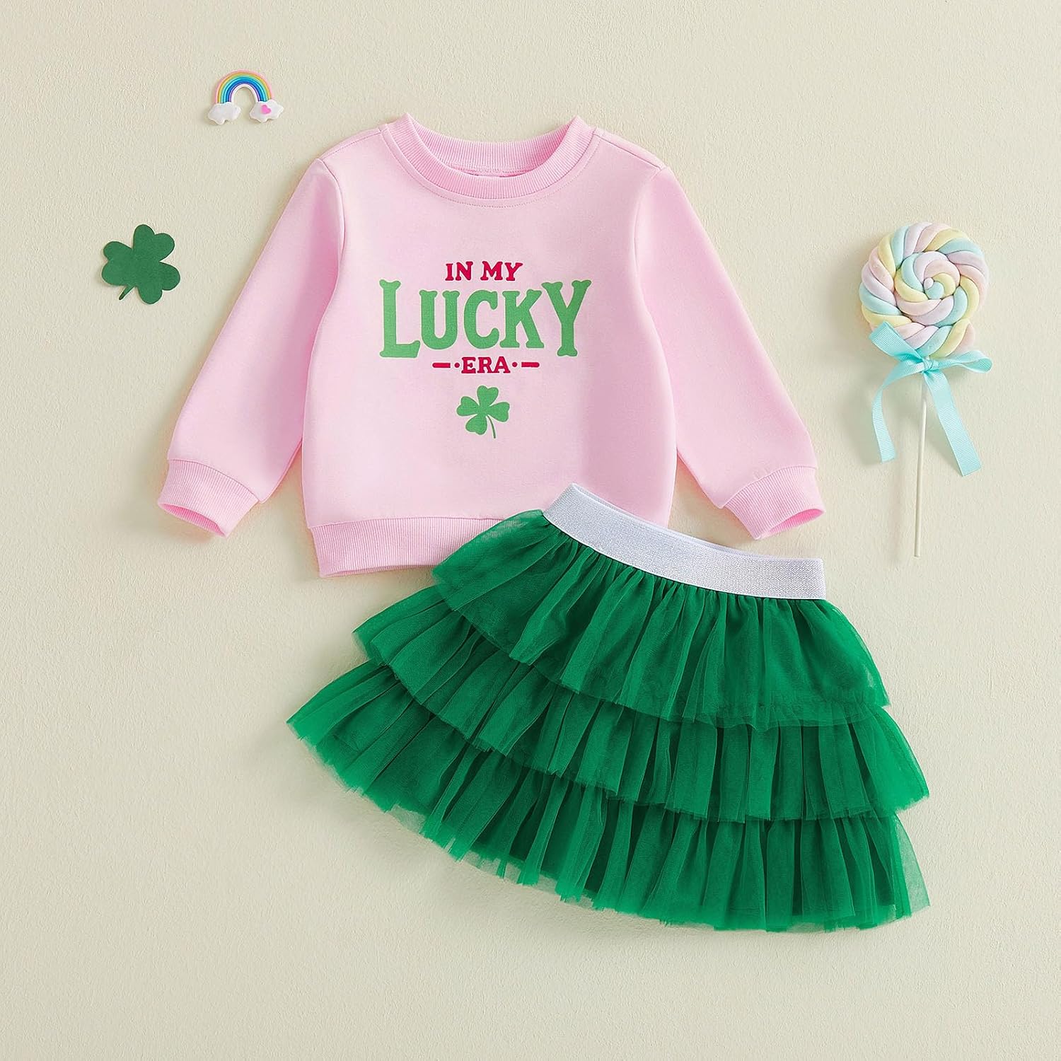 Kids Girl Irish Day Skirt Outfit Long Sleeve O Neck Letter Clover Print Tops Tulle Skirt Set Lively and Adorable