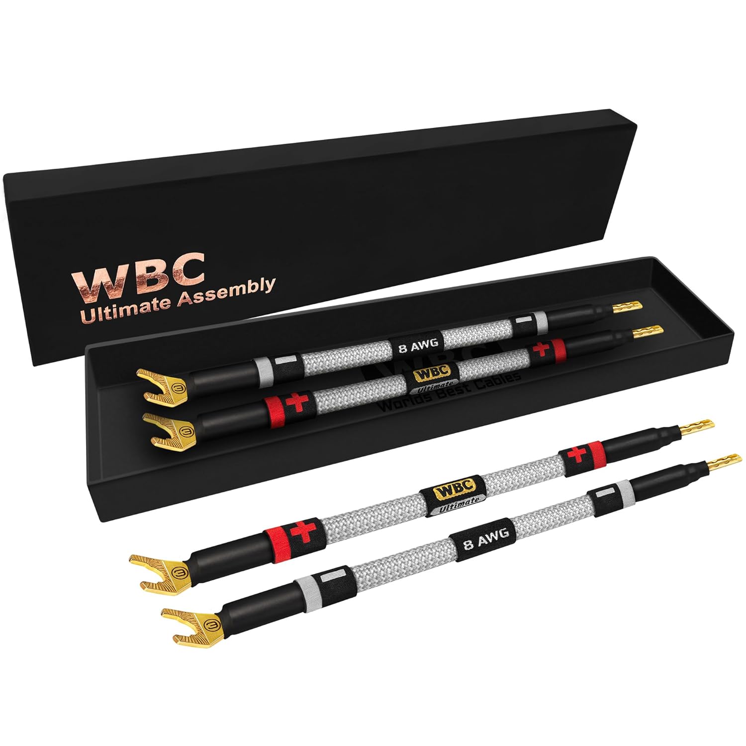 WORLDS BEST CABLES 4 Units - 6 Inch Ultimate - 8 AWG - Ultra-Pure OFC - Premium Audiophile HiFi Speaker Jumper Cables with Eminence Gold Banana & Spade Plugs & Silver Tweed Jacket