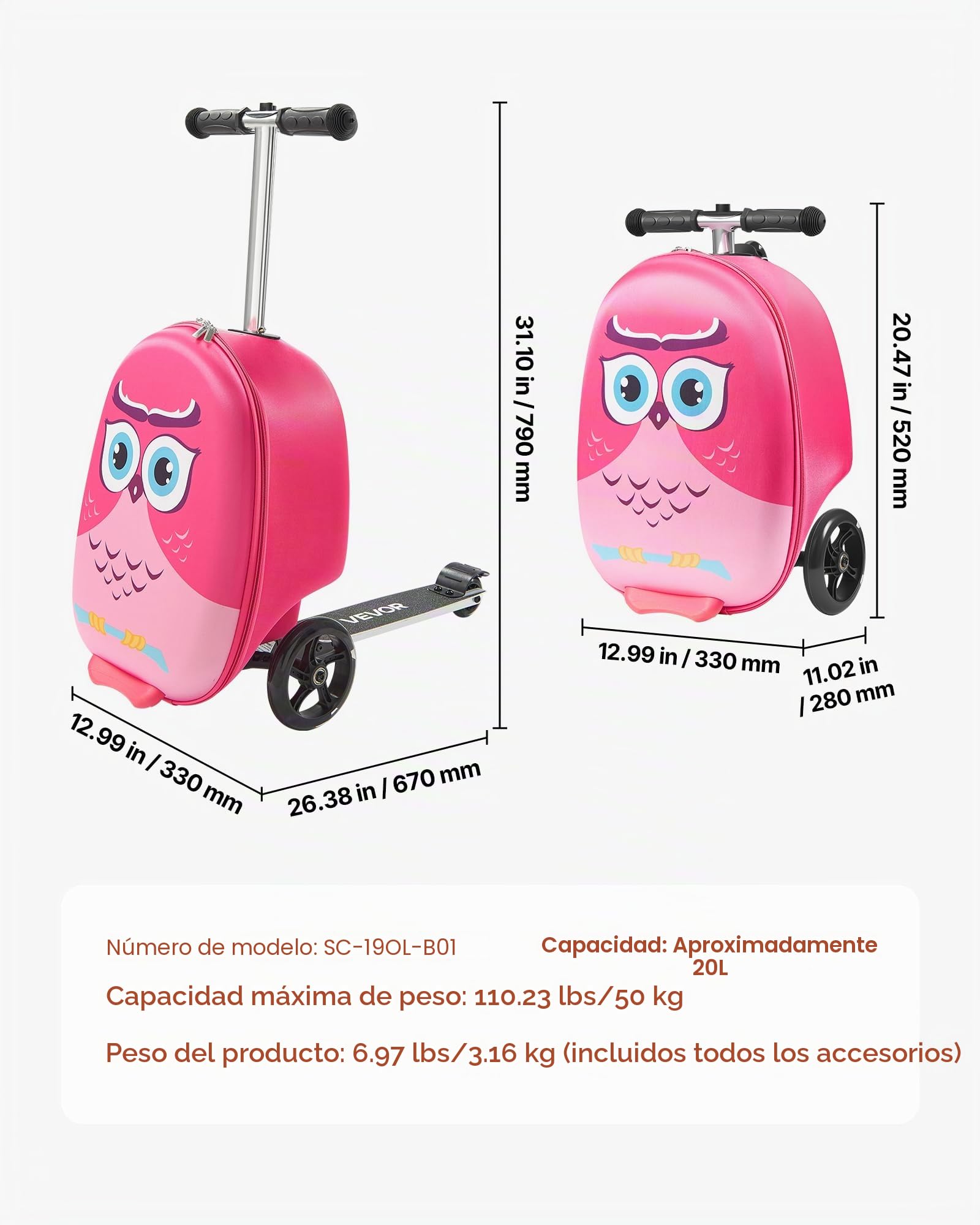 VEVOR Maleta Patinete Infantil 315x670x790 mm Capacidad de 20 L con Ruedas de Poliuretano Asa Ajustable Agarre Antideslizante de TPR Plegable y Ligera para Niños Mayores de 5 Años para Viajar, Rosa