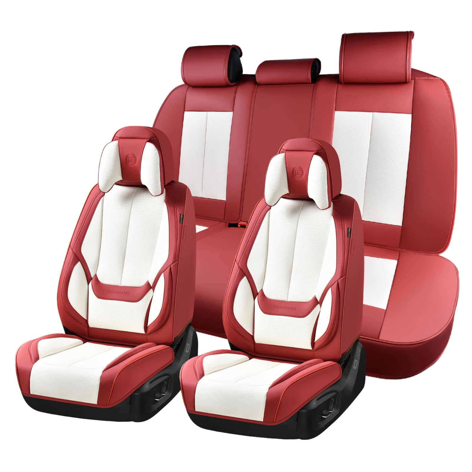 Coverado Seat Covers Full Set, 5 Seats Seat Covers for Cars, Waterproof Nappa Leather Car Seat Covers with Head Pillow, Seat Protectors Car Seat Cushion Universal Fit for Most Cars (Red&amp;White)