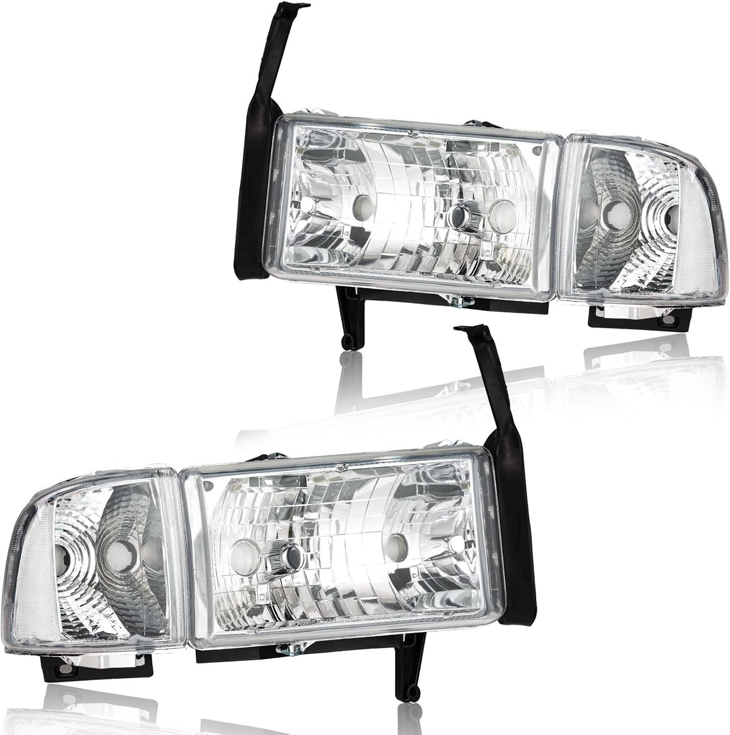 Headlights Assembly, Headlight Replacement Compatible with 1994-2001 Dodge Ram 1500, Fit 1994-2002 Ram 2500 3500(DON'T Fit SPORT Models or Ram VAN Models) Chrome Housing Clear Reflector