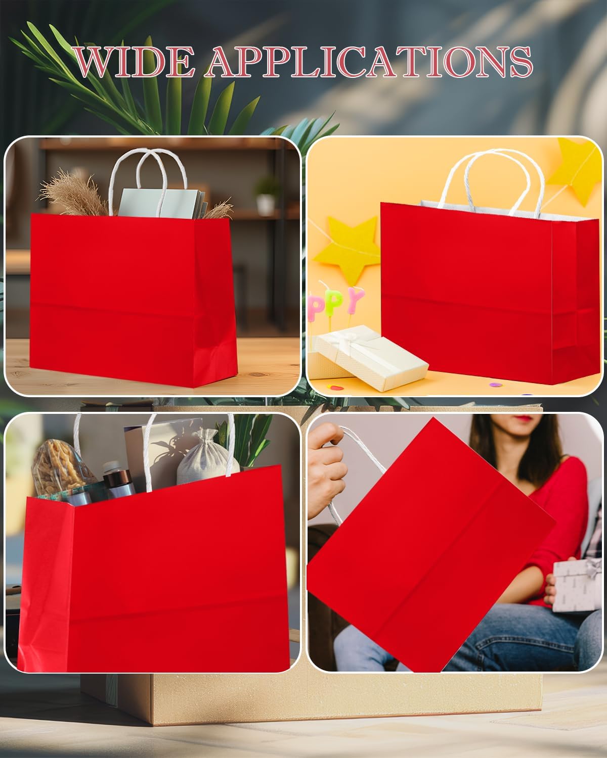 qiqee 24PCS Large Gift Bag with Handles Bulk 13"x4.5"x10" Gift Bags Red Bags Multiple Uses (32x11x25cm,Wide Large)