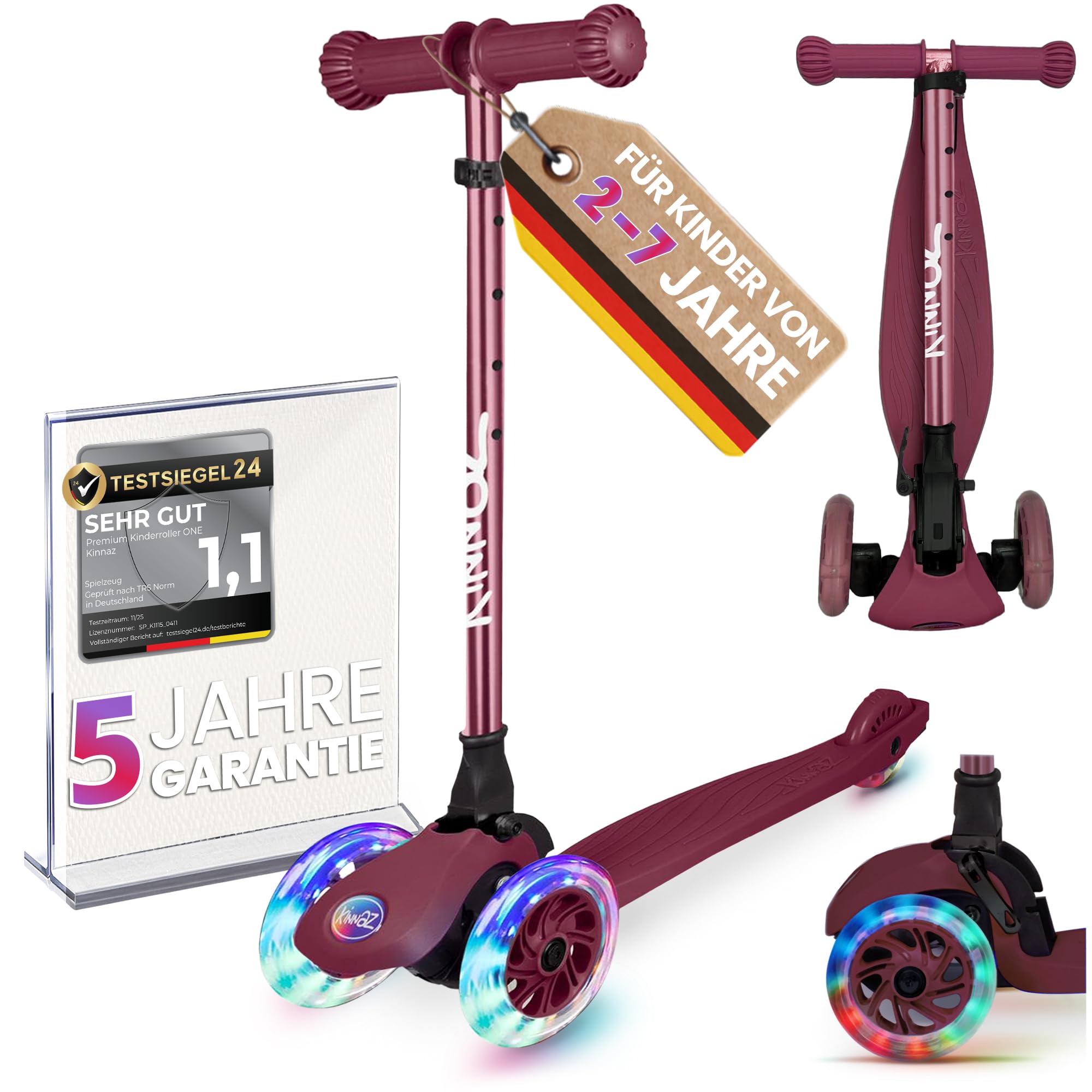 Kinderroller kinnaz ONE, LED Räder, Faltbar, Mitwachsend, 2-7 Jahre, Focus Empfehlung, Roller Kinder 2 Jahre, ab 3 Jahre, Tretroller, kein Wegwerfprodukt, über 100000 verkauft, aus Hamburg