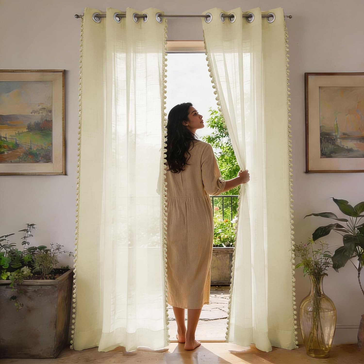 Urban Space Sheer Solid Curtains for Door 7 Ft Long, 35-40% Light Filtering Curtain with Eyelets and Tieback, Set of 2 Decorative Curtains – Buttercream with pom pom (Door -7 feet)