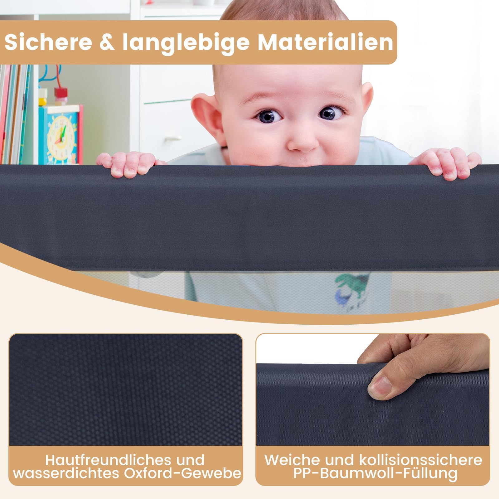 FANTASK Bettschutzgitter klappbar mit Verstellbarer Gurte, EIN-klick-Faltung, Bettgitter Rausfallschutz Bett 180° faltbar für Kinderbett, Boxspringbett & Elternbett, 150 x 42cm (Grau)