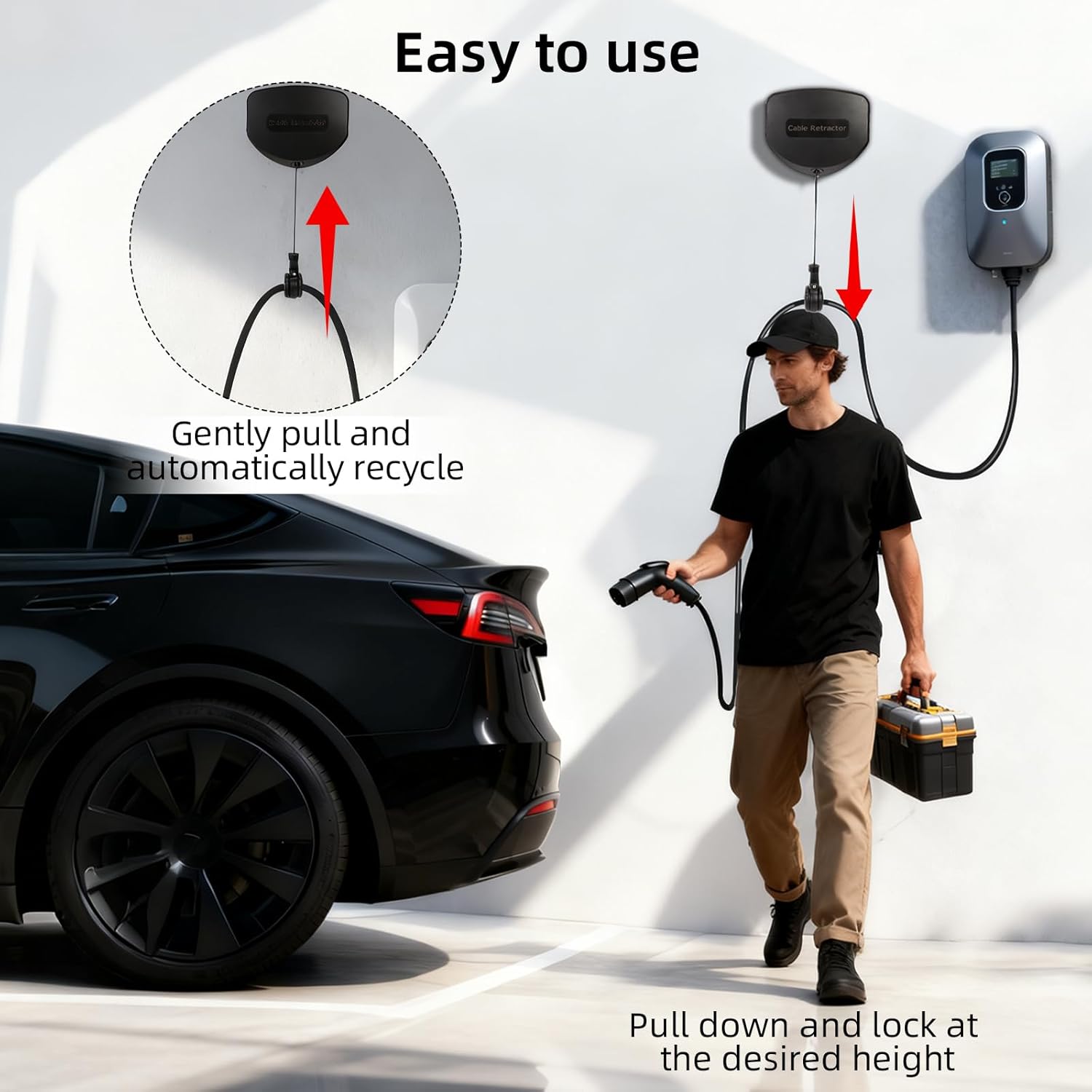 Self-Locking EV Charger Retractable Cord Reel, 11.5Ft Wall Mount EV Charging Cable Retractor, Retractable Cable Organizer Suitable for 0.6-0.8" Diameter EV Charger, Applies to Most Electric Vehicles