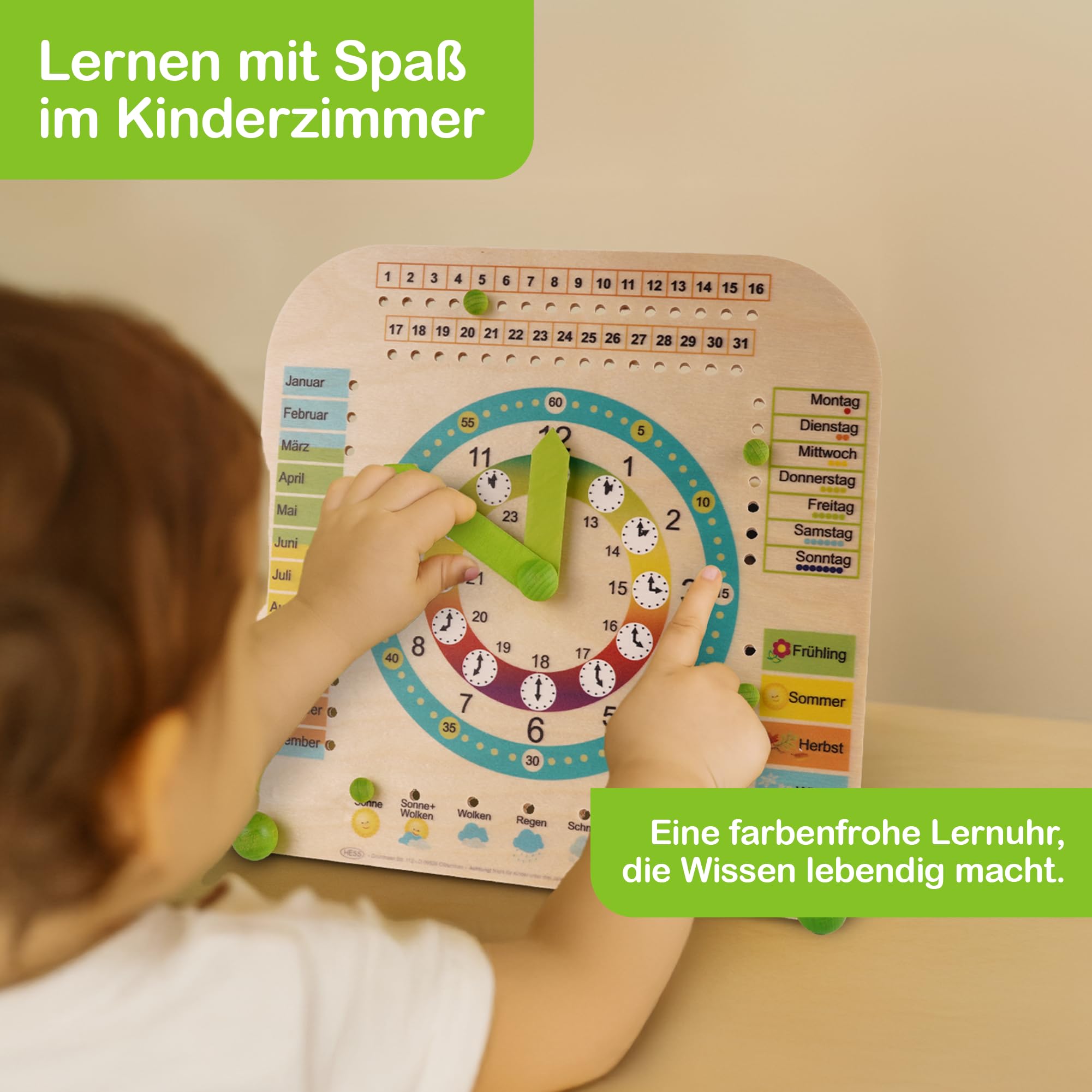 HESS Since 1990 - Lernuhr für Kinder mit Kalender, aus Holz, 25cm x 25cm, aus dem Erzgebirge