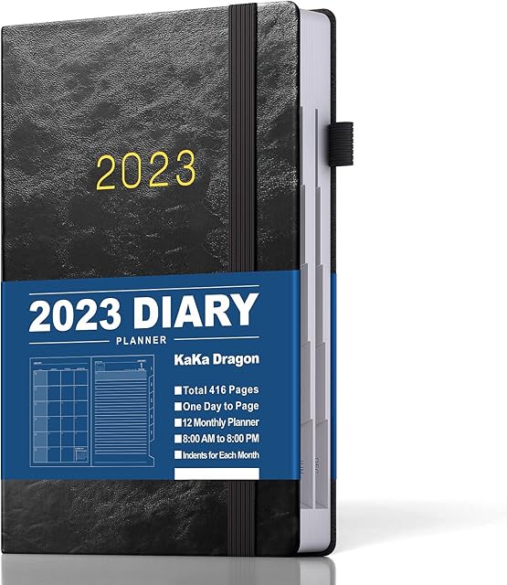 KaKa Dragon 2023 Diary Day to Page, Academic Diary A5 Planner (416 Pages), Indents for Each Month, Inner Pocket, Hardback Cover Faux Leather Black