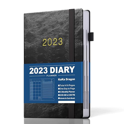 KaKa Dragon 2023 Diary Day to Page, Academic Diary A5 Planner (416 Pages), Indents for Each Month, Inner Pocket, Hardback Cover Faux Leather Black