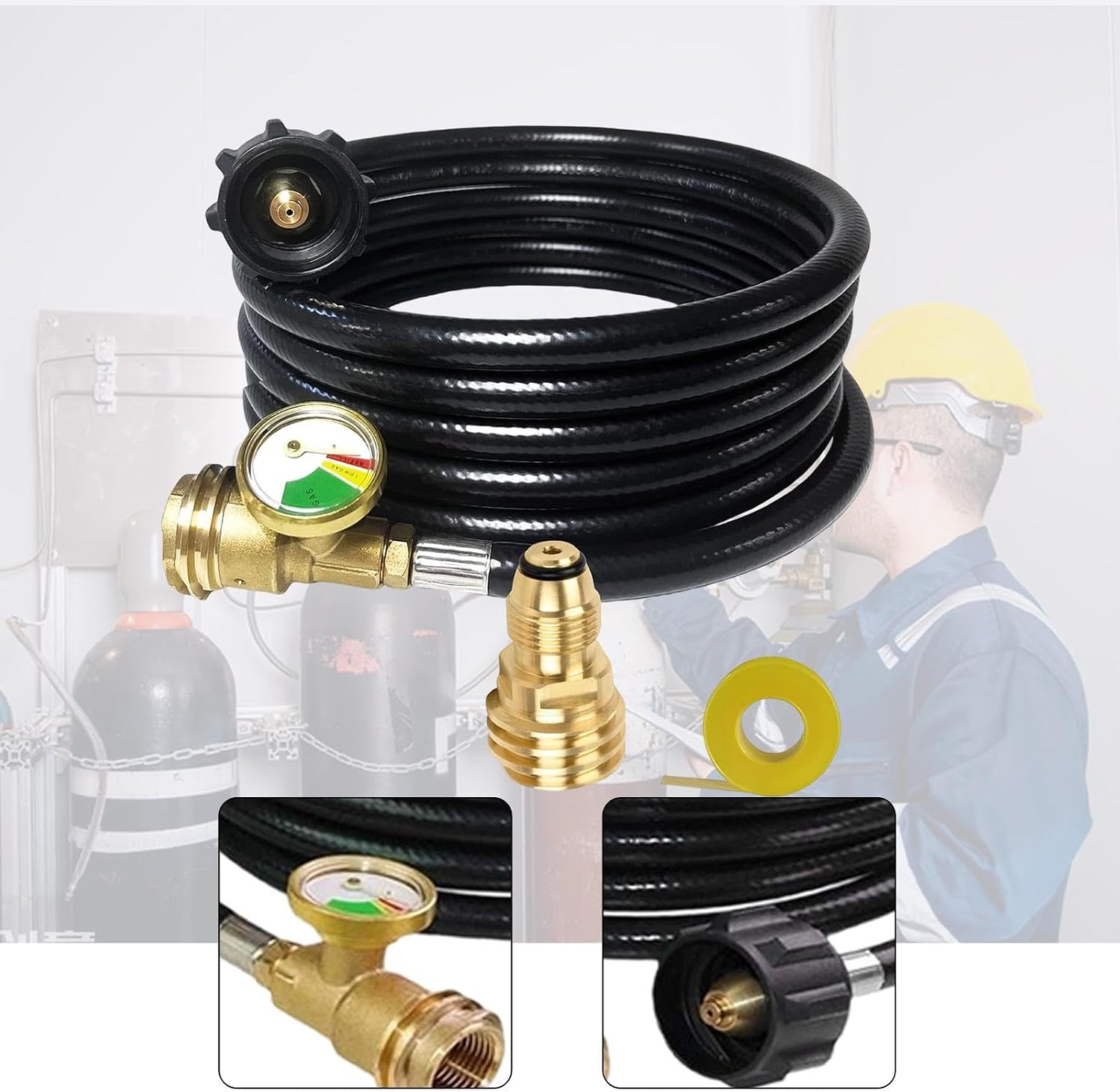 Replacement Tank, 3.65 Meter (12 Ft) Extension with Pressure Gauge for Campfires, Barbecue Heaters and Camping Appliances, with Adapter Tape
