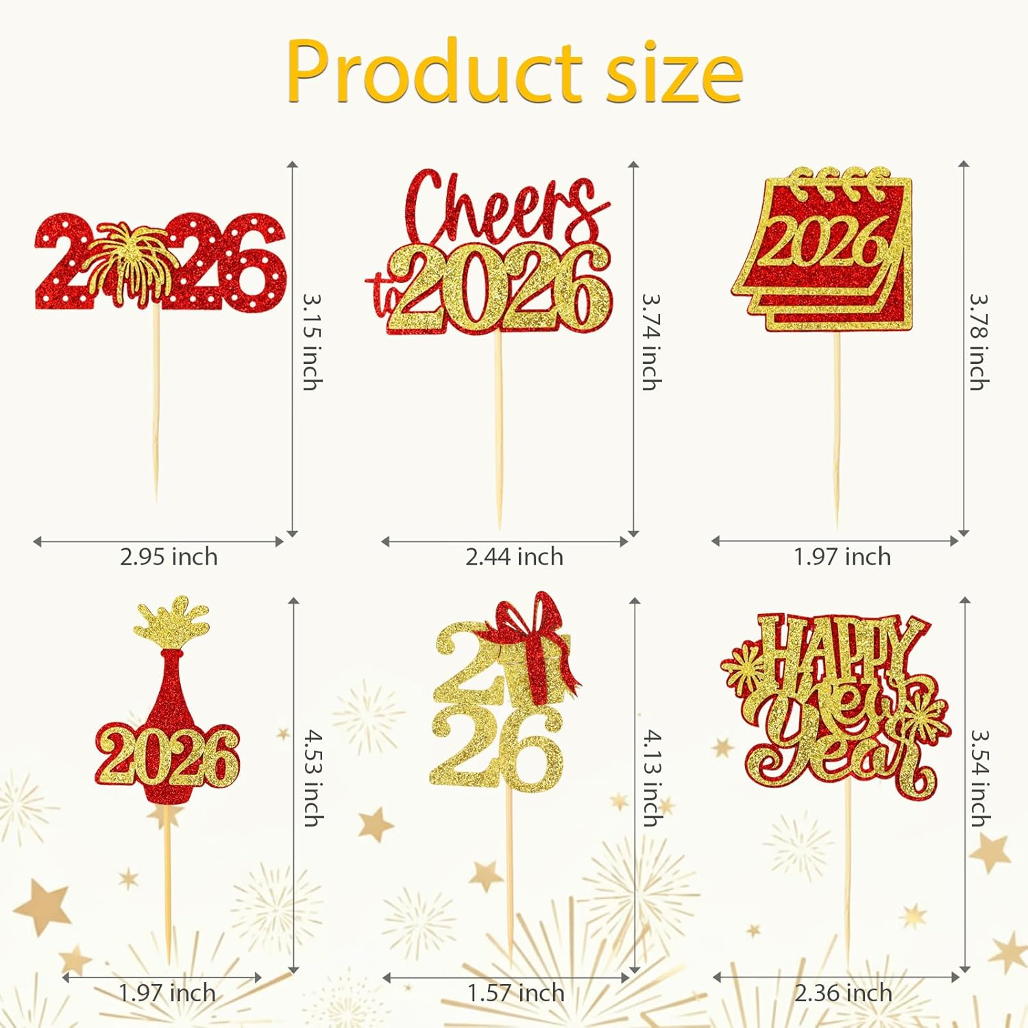 24 Pcs Happy New Year Cupcake Toppers Glitter 2026 Cupcake Picks Fireworks Hello 2026 Cake Decorations for Cheers to New Year Party Supplies (Red & Gold) Red&gold