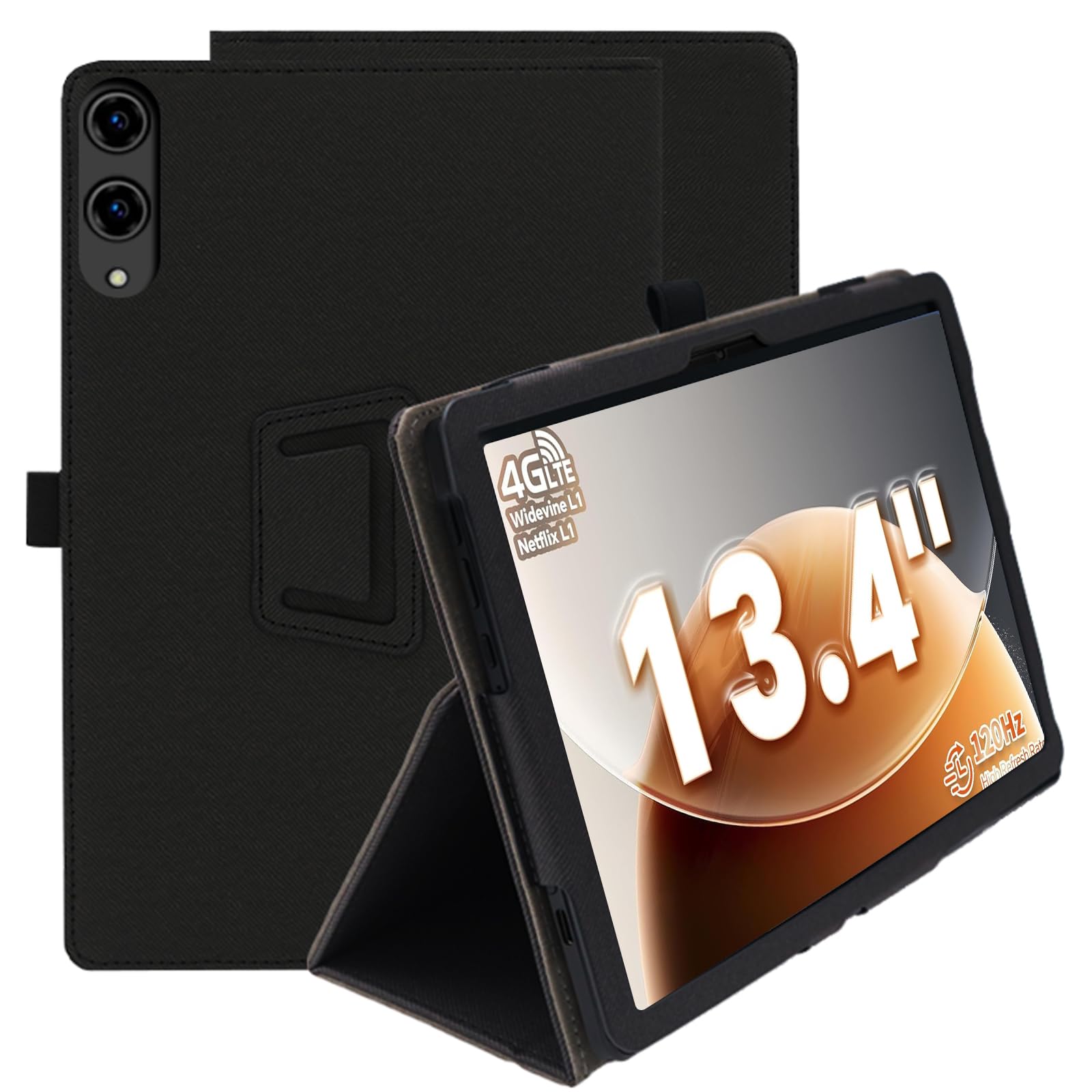 ELYCO Hülle Kompatibel mit TECLAST T65 13.4 Zoll, Schlanke und leichte Flip Case Klappbar, Rückseite Abdeckung Klappständer, Schlanke Schutzhülle mit Handschlaufe, Ultra Dünn PU, Schwarz
