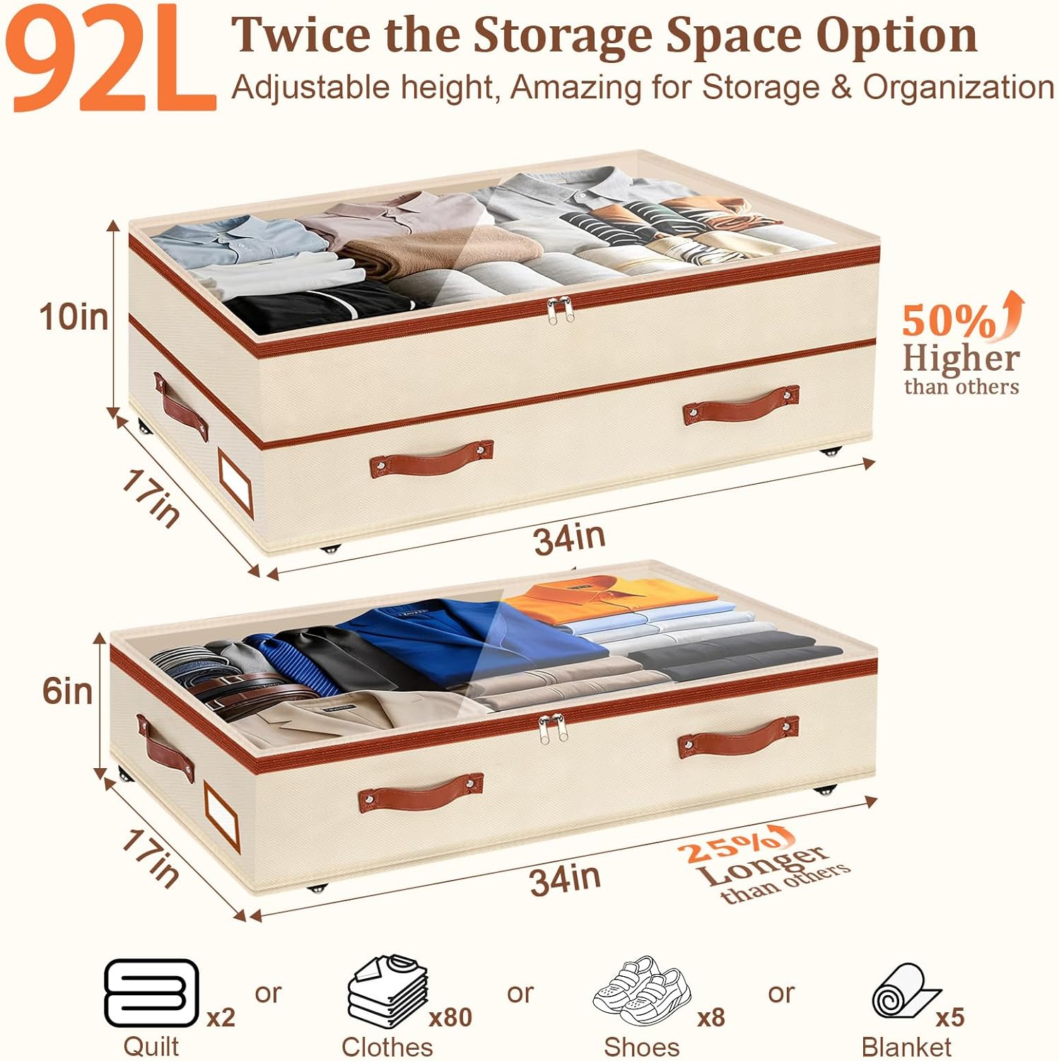 Dolicer 2 Pack Under Bed Storage with Wheels, 6in-10in Height Adjustable Underbed Storage Containers, 92L XXXL Under Bed Drawers Rolling Bin with Clear Lids for Dorm Shoes Clothes Organizers(Beige)