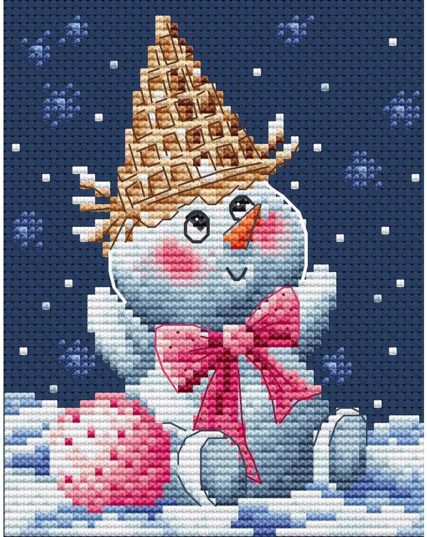 Collection D'Art Counted Cross Stitch Kit Snowman Ice Cream BC8129, Blue Aida 14ct, DMC Threads, 10.5 × 13 cm / 4.1" × 5.1", Embroidery for Beginners