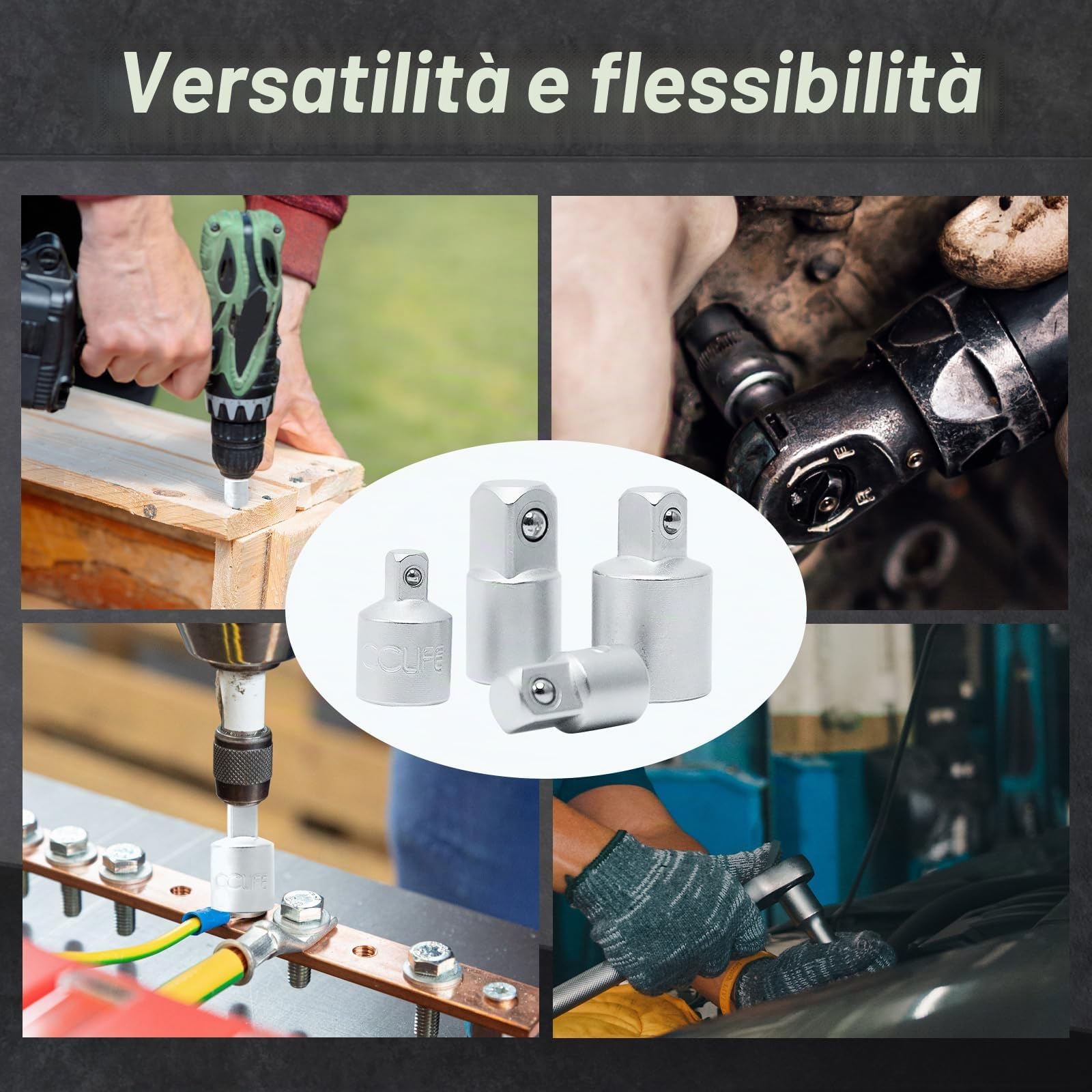 CCLIFE Set di Adattatori per Bussole 1/2" 3/8" 1/4" per Chiavi a Cricchetto o Dinamometrica 4 Pezzi