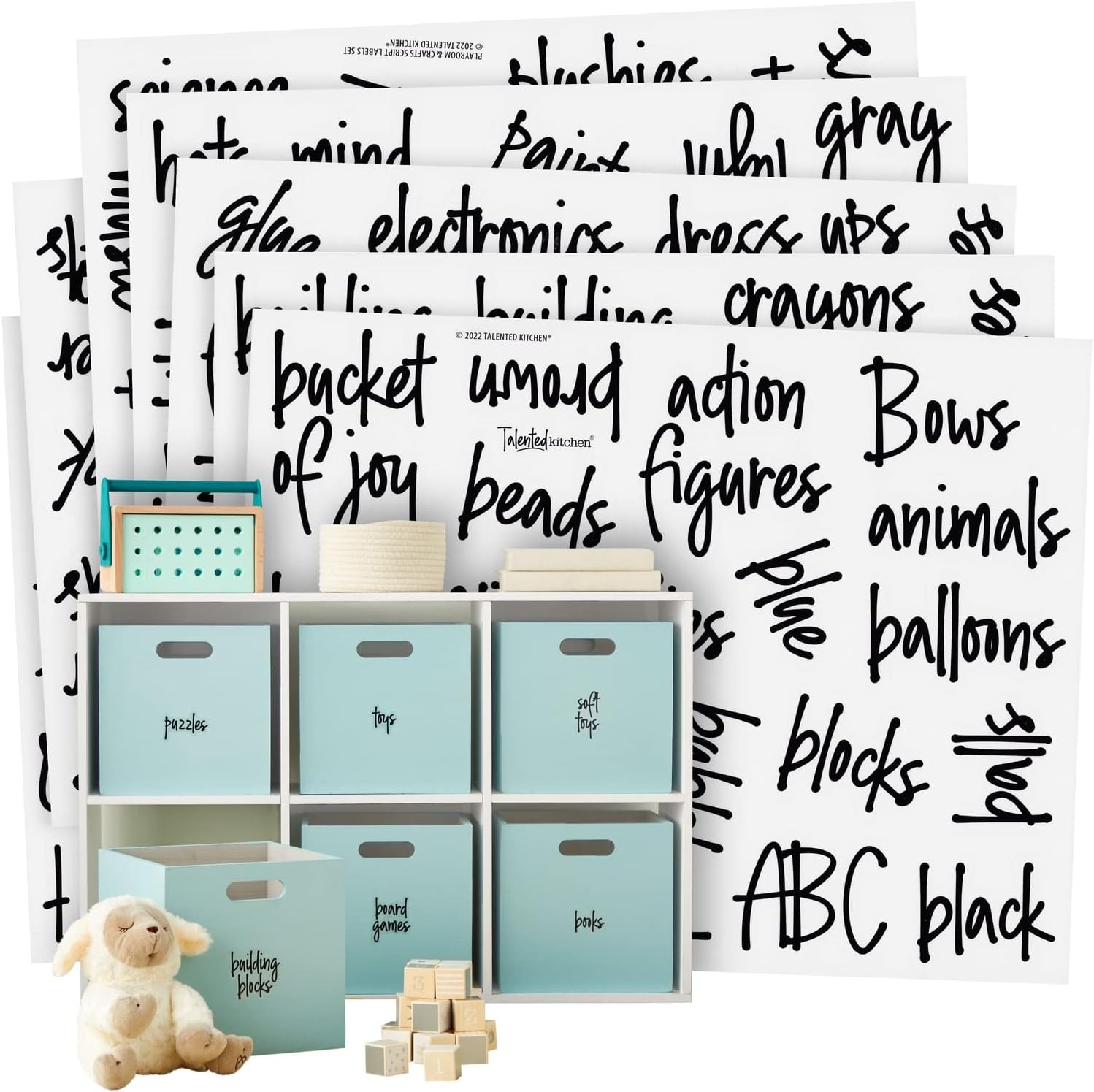 Talented Kitchen Playroom Labels for Toy Bins & Baskets - 147 Water-Resistant Clear Vinyl Toy Storage Labels, Black Script, 1.0-1.5 in - Organization Stickers for Playroom Organization