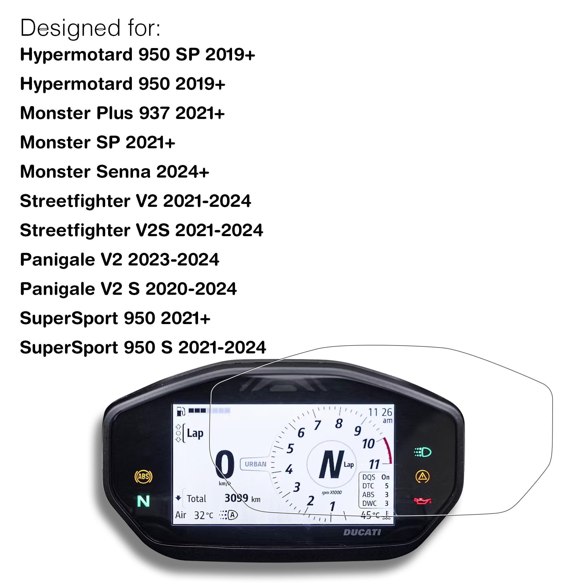 Pellicola protettiva in vetro per Ducati Hypemotard 950 SP, Moster SP Plus 937, Monster Senna, Streetfighter V2 S, Penigale V2 S, SuperSport 950 S Instrument Display 4,3 pollici HD