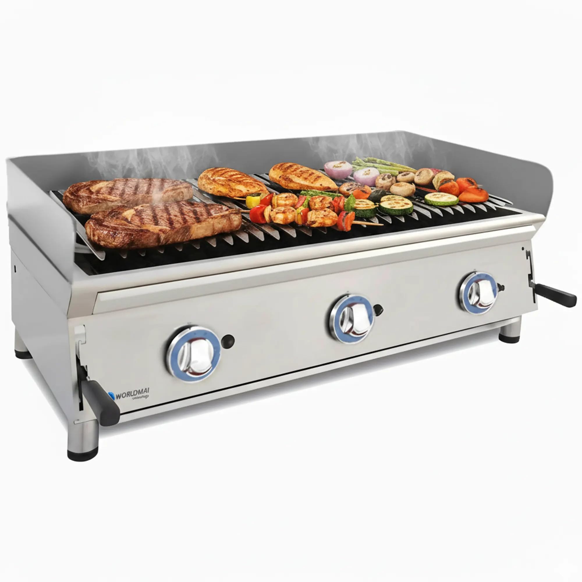 MBH - Griglia pietra lavica LUX WORLDMAI a gas da 100 cm. Barbecue in acciaio inox da banco per cucina da bar, ristoranti e ristorazione.