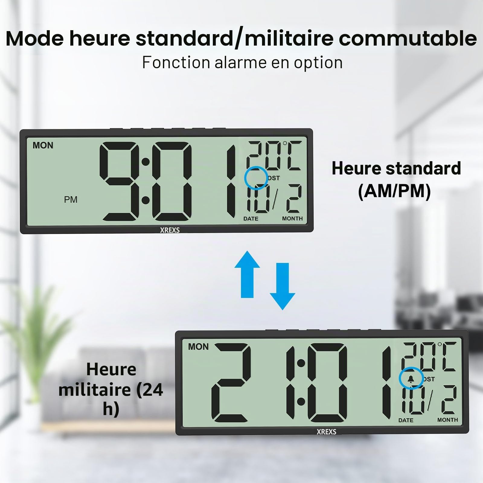 XREXS Horloge Murale Numérique 14,5 Pouces Heure Calendrier Température DST Piles Noir