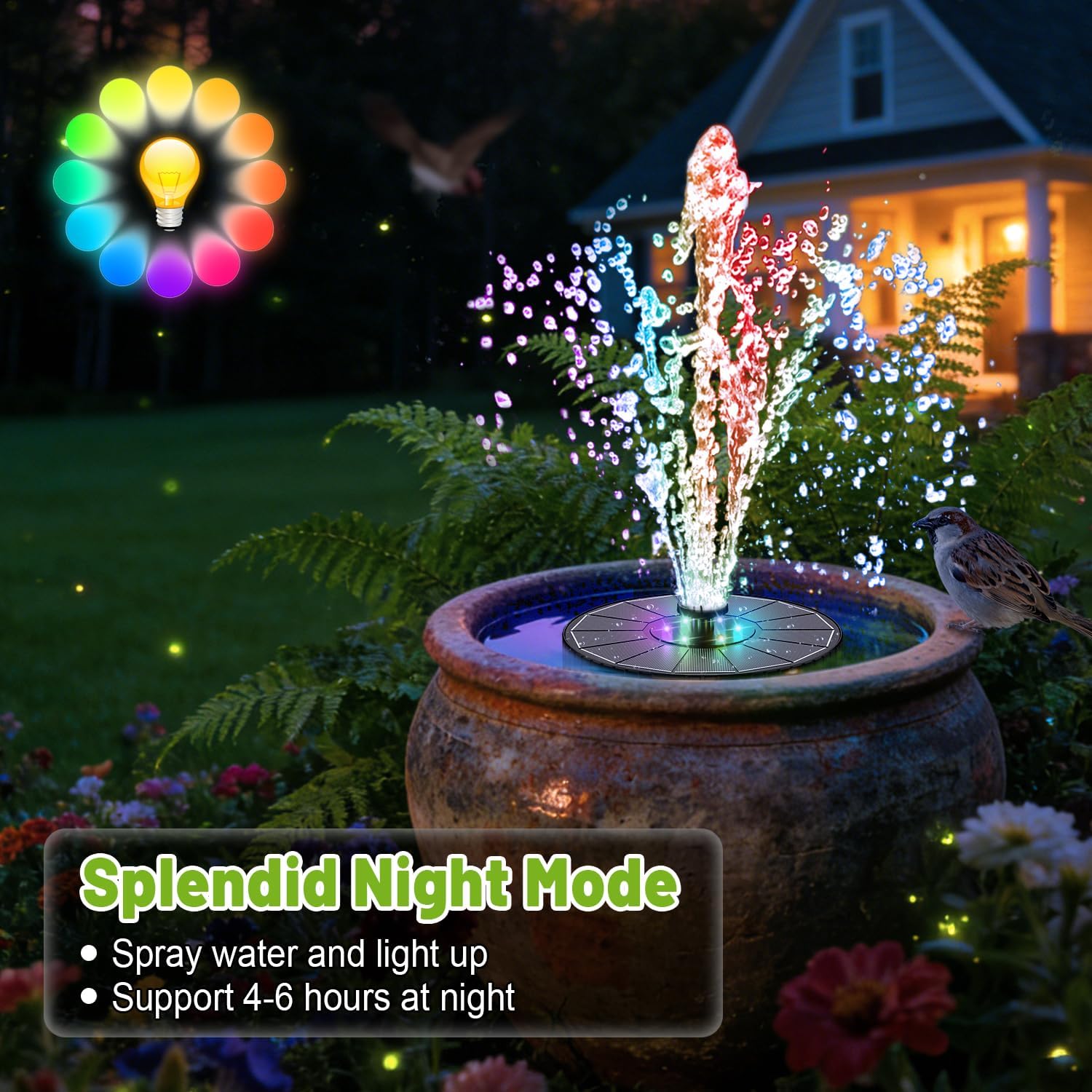 Solar Fountain with 3 Spray Height, Colorful Led Lights, 3.5W Glass Solar Bird Bath Water Fountain with 2000mAh Battery, 4 Rotating Rods and 7 Nozzles for Hummingbird Bathing, Outdoor Decor