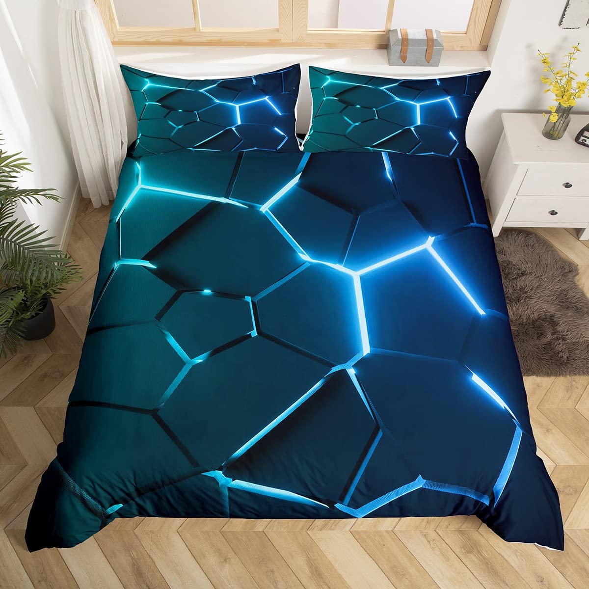 Homemissing Honeycomb Bedding Set for Girls Dark Green Hexagonal Bedding Decorative Beehive Geometrical Simplistic Duvet Cover Reticulated Bedspread Cover Double Size Bedclothes