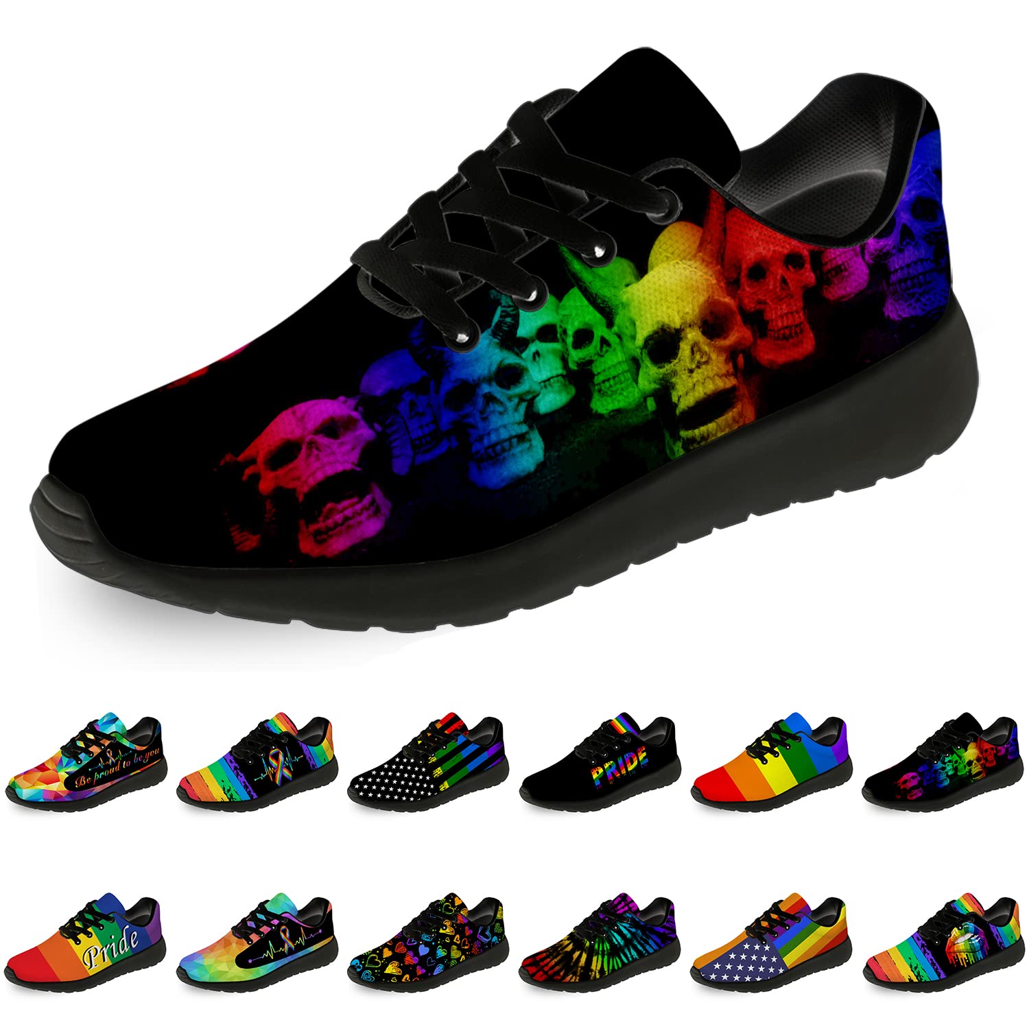 horethy Mens Womens Pride Shoes Running Shoes Walking Tennis Sneakers Rainbow Skull LGBTQ Gay Pride Shoes Gifts for Men Women,Size 11 Men/13 Women Black