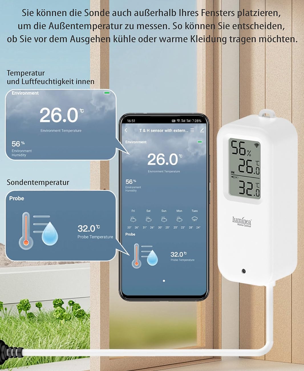 Luminea Home Control Sensoren: 4er-Set WLAN-Temperatur-/Luftfeuchtigkeitsmesser, innen/außen, App (WLAN Smart Thermometer Hygrometer, Thermometer mit Fühler, Klima)