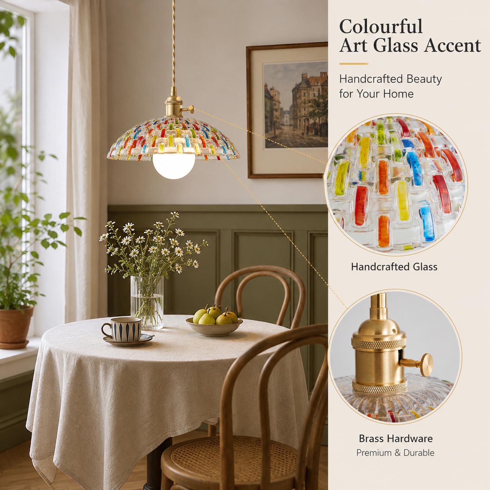 Lampada a Sospensione con Paralume in Vetro Mosaico Dipinto a Mano, Lampadario Sospesa da Soffitto Vintage E27 con Interruttore per Cucina Soggiorno e Sala da Pranzo (30cm)