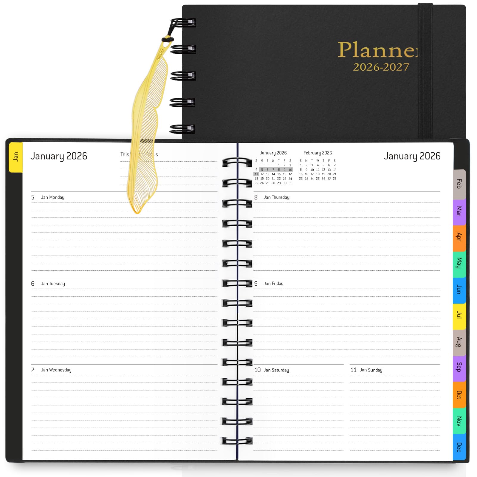 Daily Planner 2026-2027, 18-Month Weekly and Monthly Calendar Planner, January 2026 - June 2027, Planning Agenda Book with Laminated Tabs, Flexible Cover, 100GSM Thick Paper, A5 Size,Black