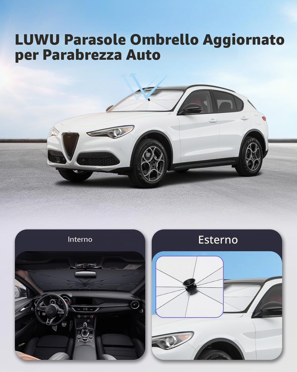 LUWU [Aggiornato] Ombrello Parasole Auto Compatibile con Alfa Romeo Stelvio 2017-2025 2026 Parabrezza Parasole Auto ad Ombrello Pieghevole per Parabrezza Anteriore Interno Accessori