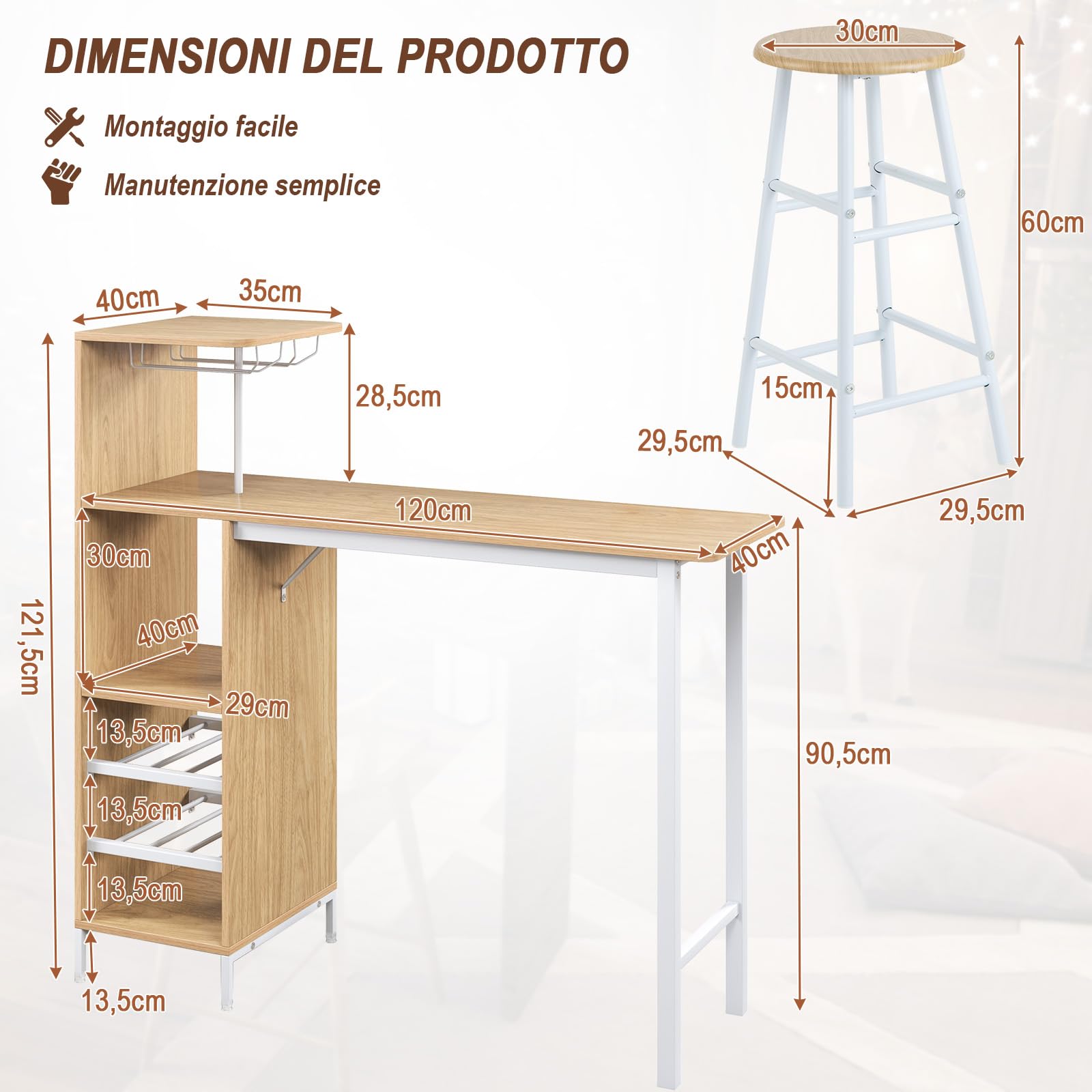 GYMAX Set di Tavolo e 2 Sgabelli da Bar, Salvaspazio con Portabicchieri, Portabottiglie e Mensole Aperte (Naturale)