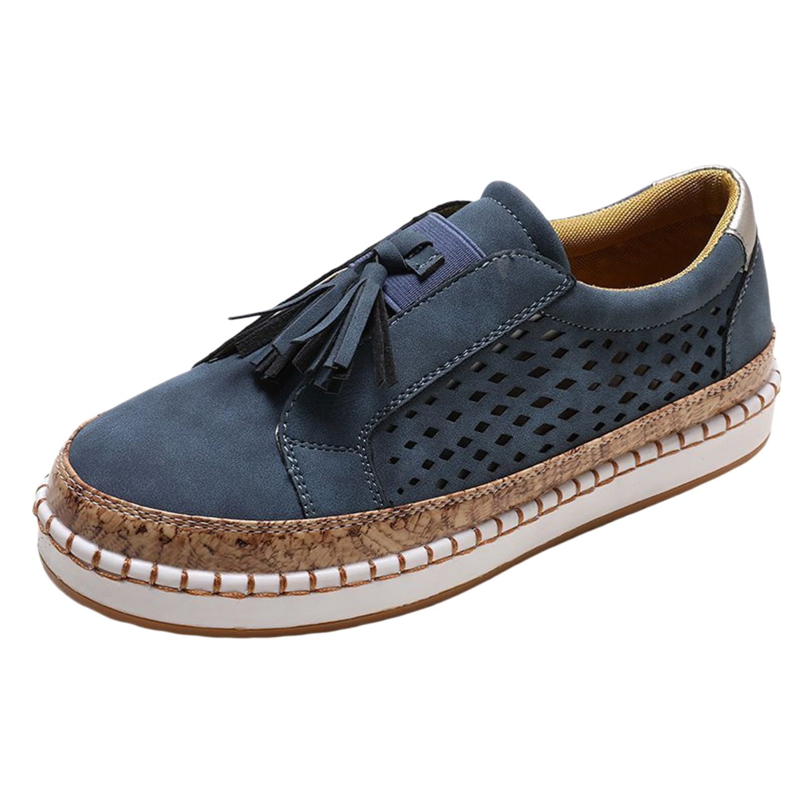 JEUROT Womens Slip On Loafers Comfortable Thick Soft Platform Sneakers Arch Support Casual Shoes Breathable Tassels Walking Sneakers Lace-Up Low Top Wedges Shoes (Blue, 6)