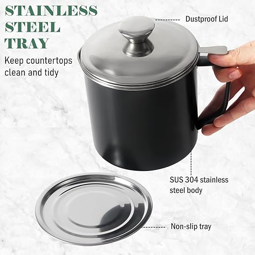 Miniatura 6 de Recipiente de grasa de tocino con colador de 1.25 L / 42 oz de acero inoxidable con tapa y mango de fácil agarre adecuado para almacenar aceite de